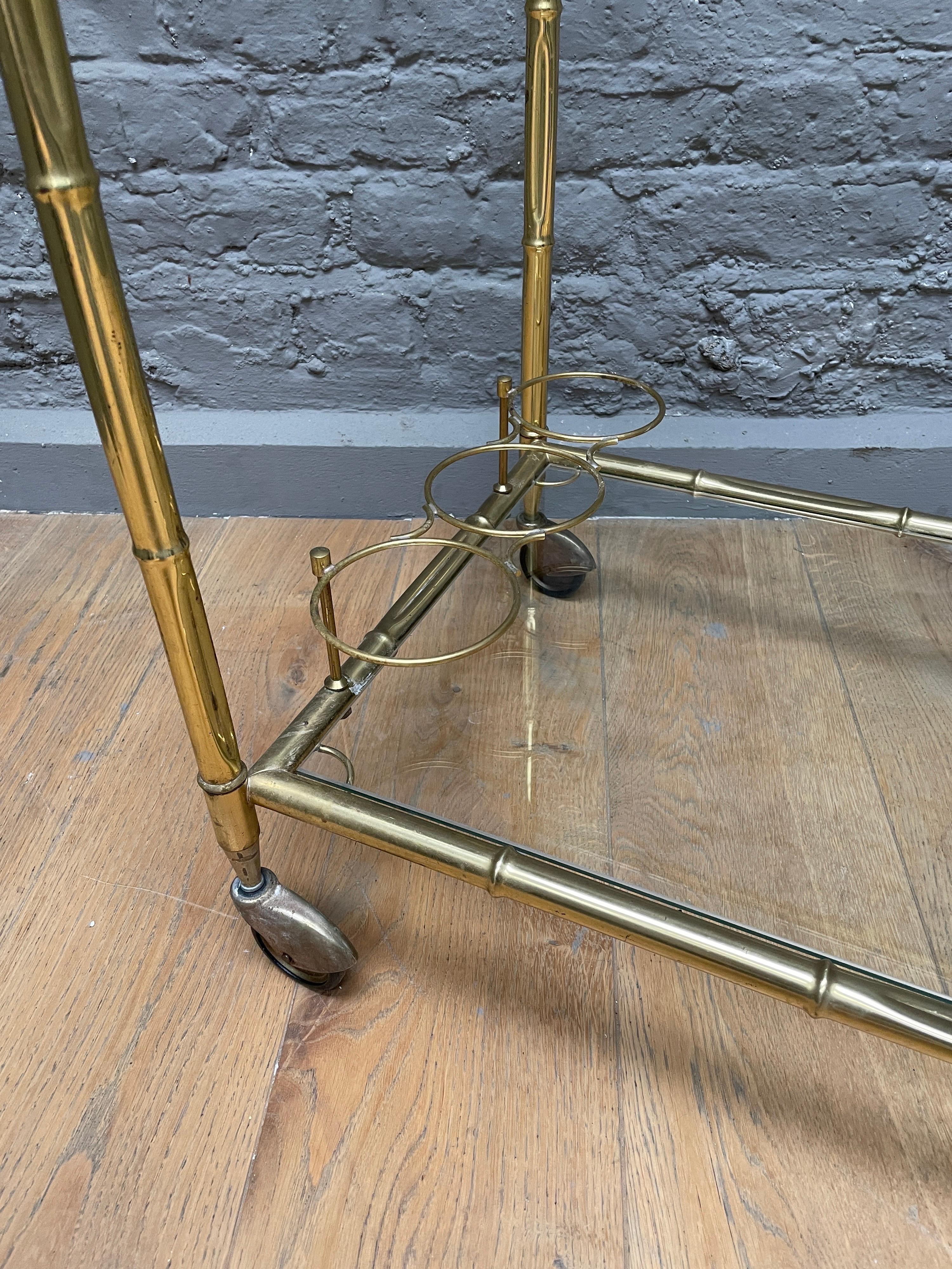 French Brass Faux Bamboo Bar Cart For Sale
