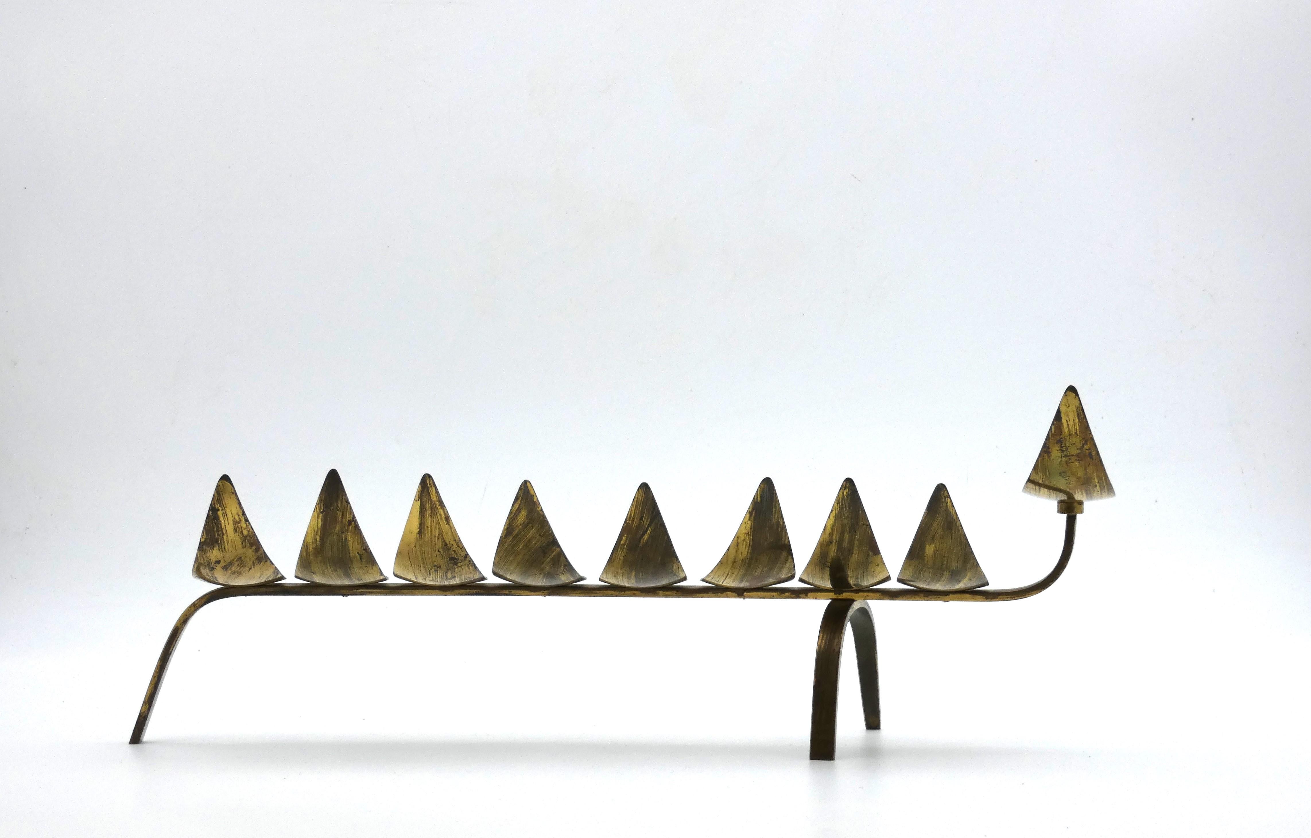A Brass Hanukkah Lamp by Ludwig Wolpert In Good Condition For Sale In New York, NY