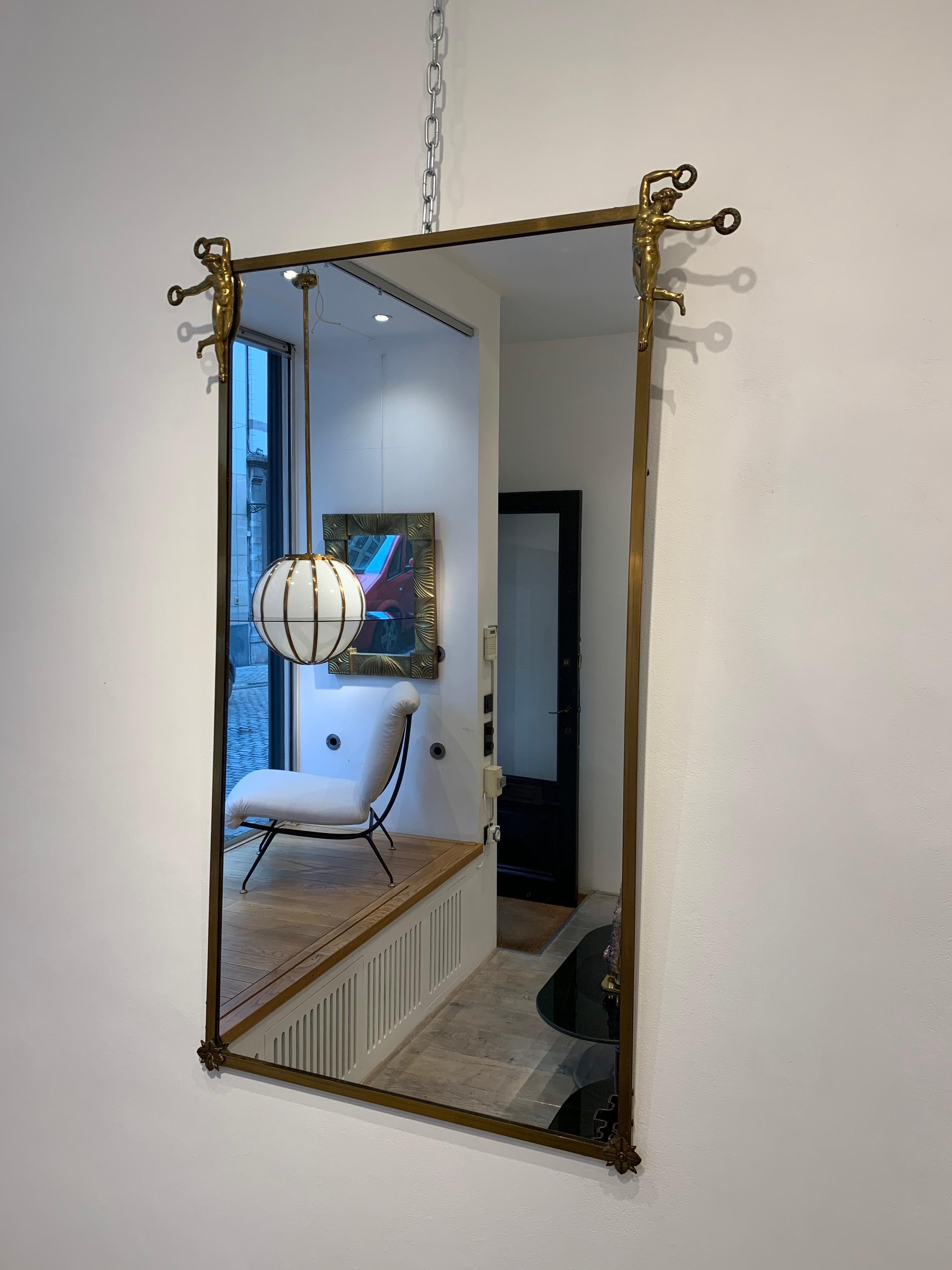 French Brass Mirror with Gloryfying Appollos, 1940s