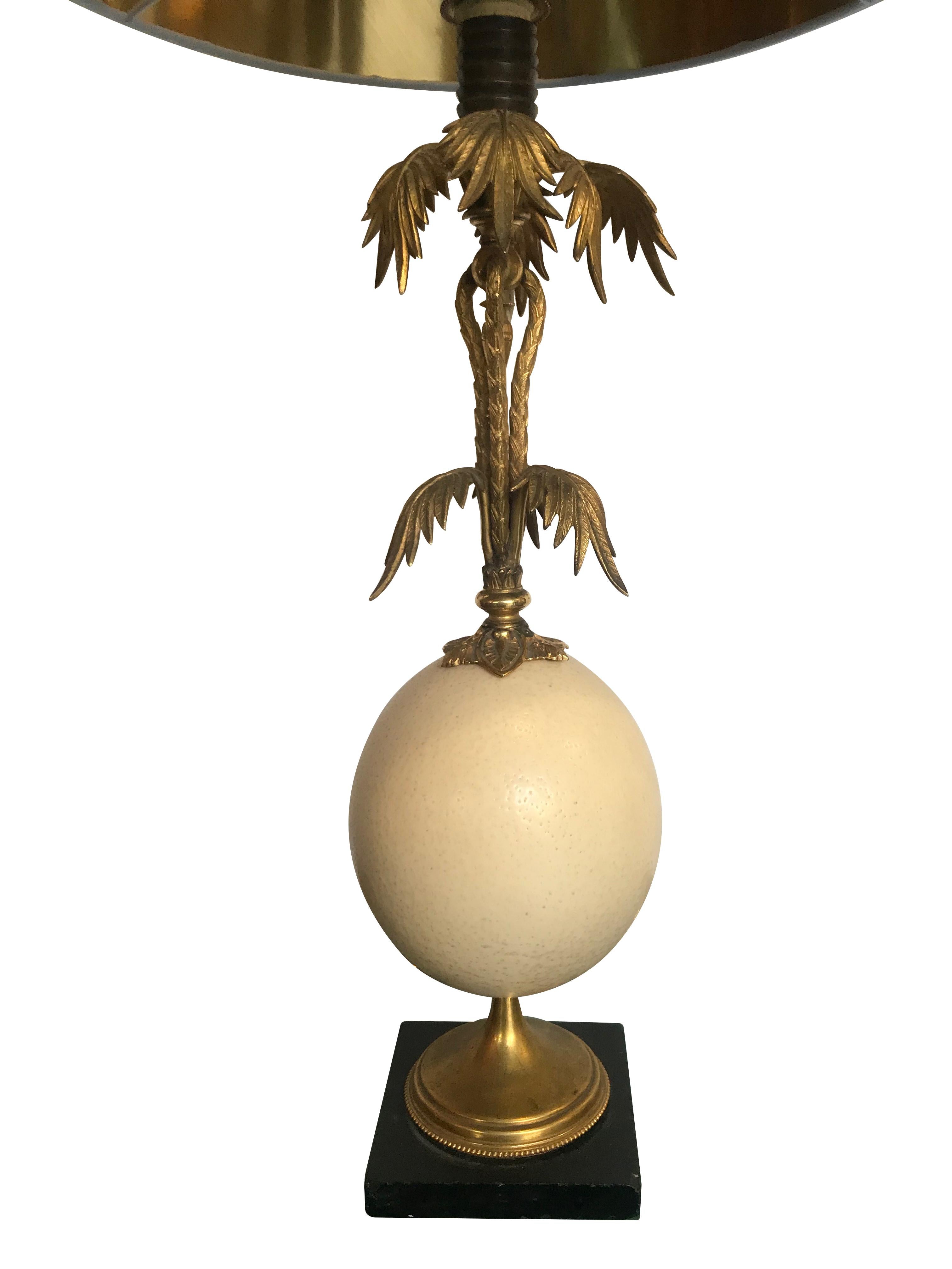 Edwardian Brass Palm Tree Table Lamp with Real Ostrich Egg Centre