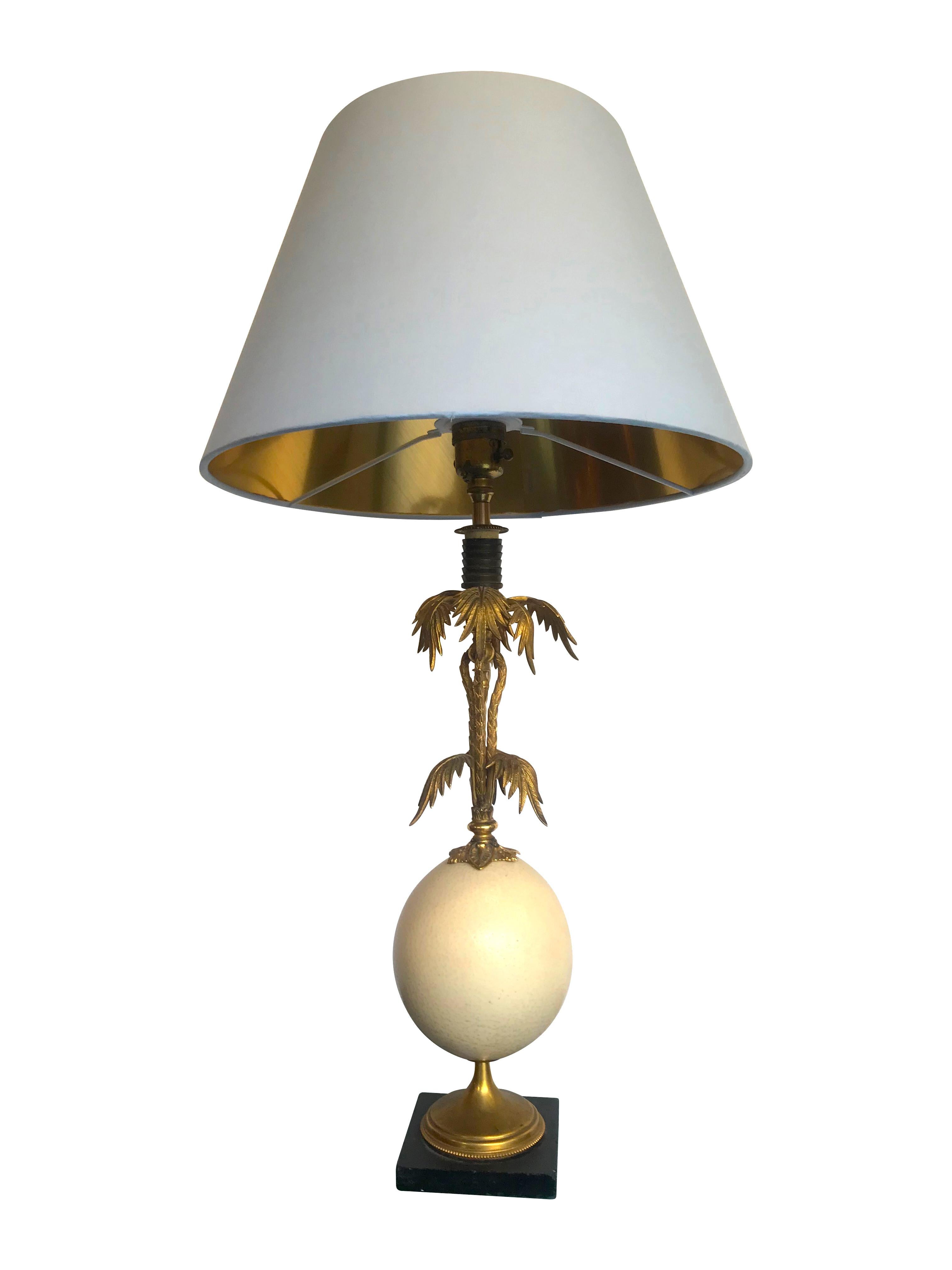 English Brass Palm Tree Table Lamp with Real Ostrich Egg Centre