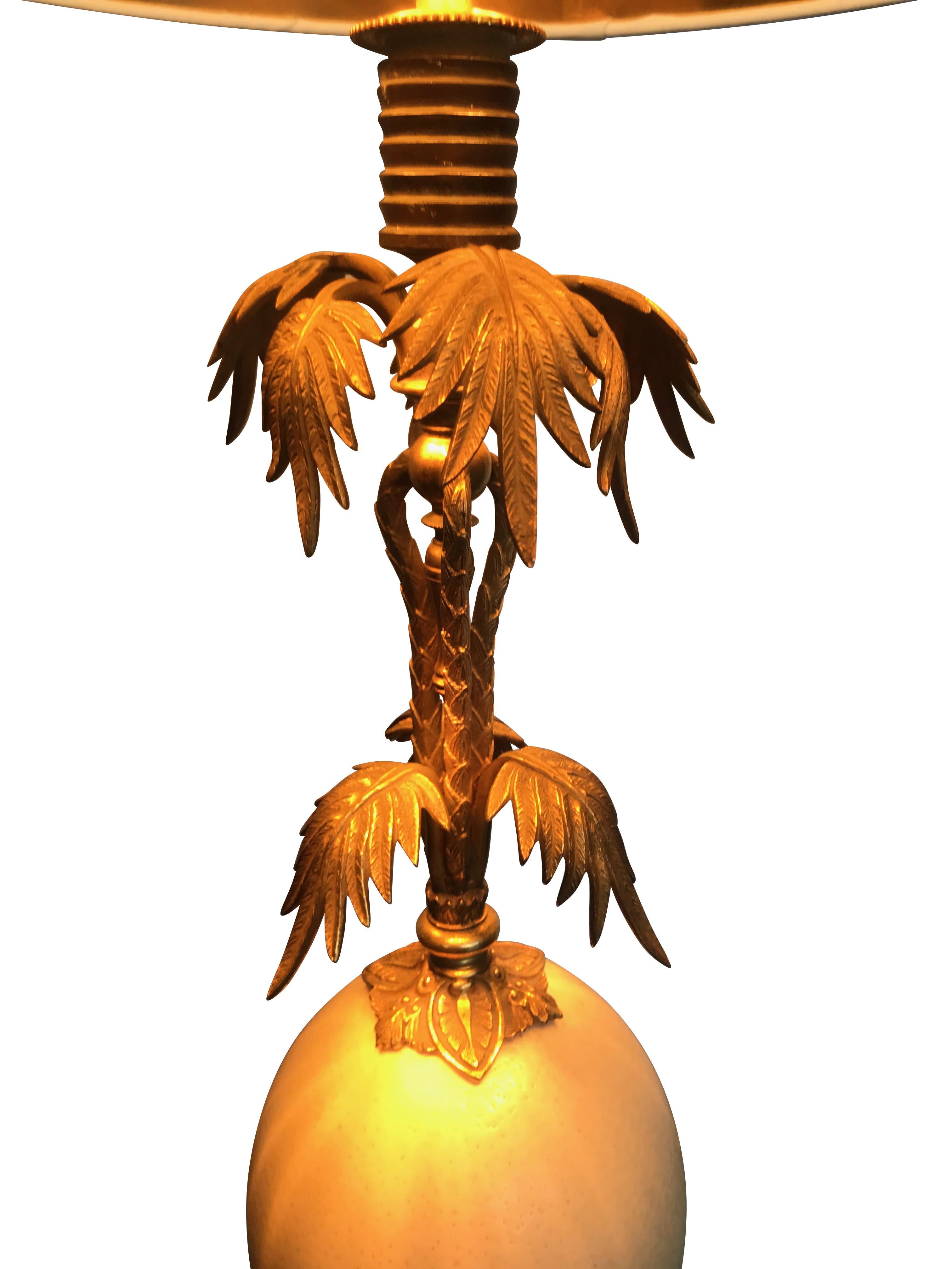 Brass Palm Tree Table Lamp with Real Ostrich Egg Centre In Good Condition In London, GB