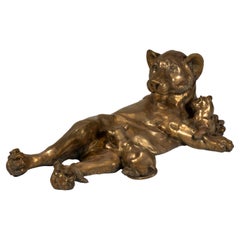 A Brass Sculpture of Lioness with Lion Cubs