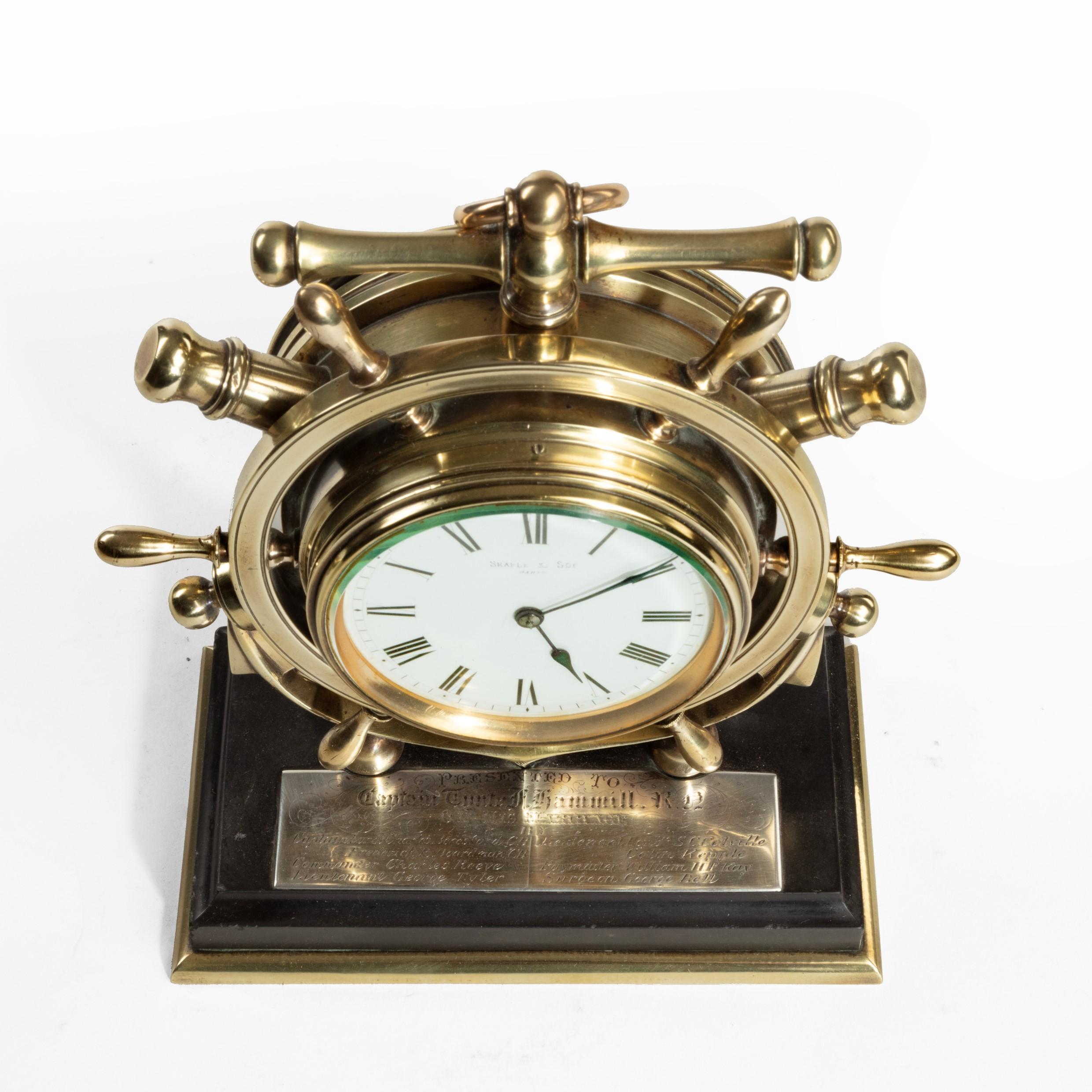 Brass Ship’s Novelty Clock Presented to Captain Tynte F Hammill RN In Good Condition In Lymington, Hampshire