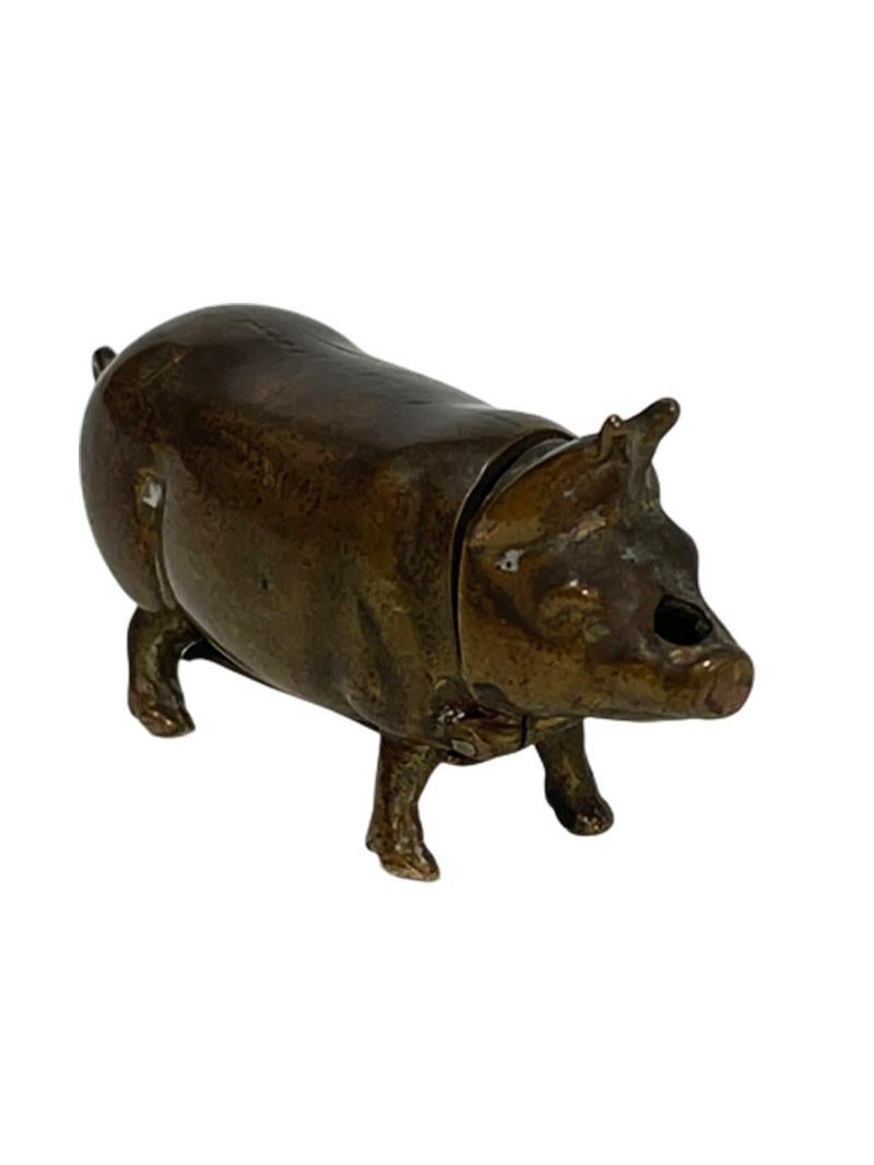 A brass vesta match case in the shape of a pig 

A small vesta match case in brass. The small pig has a head that comes down to place the matches and under the belly is the striking area.
Ca. 1880-1900
On the back of the pig, there is a name 