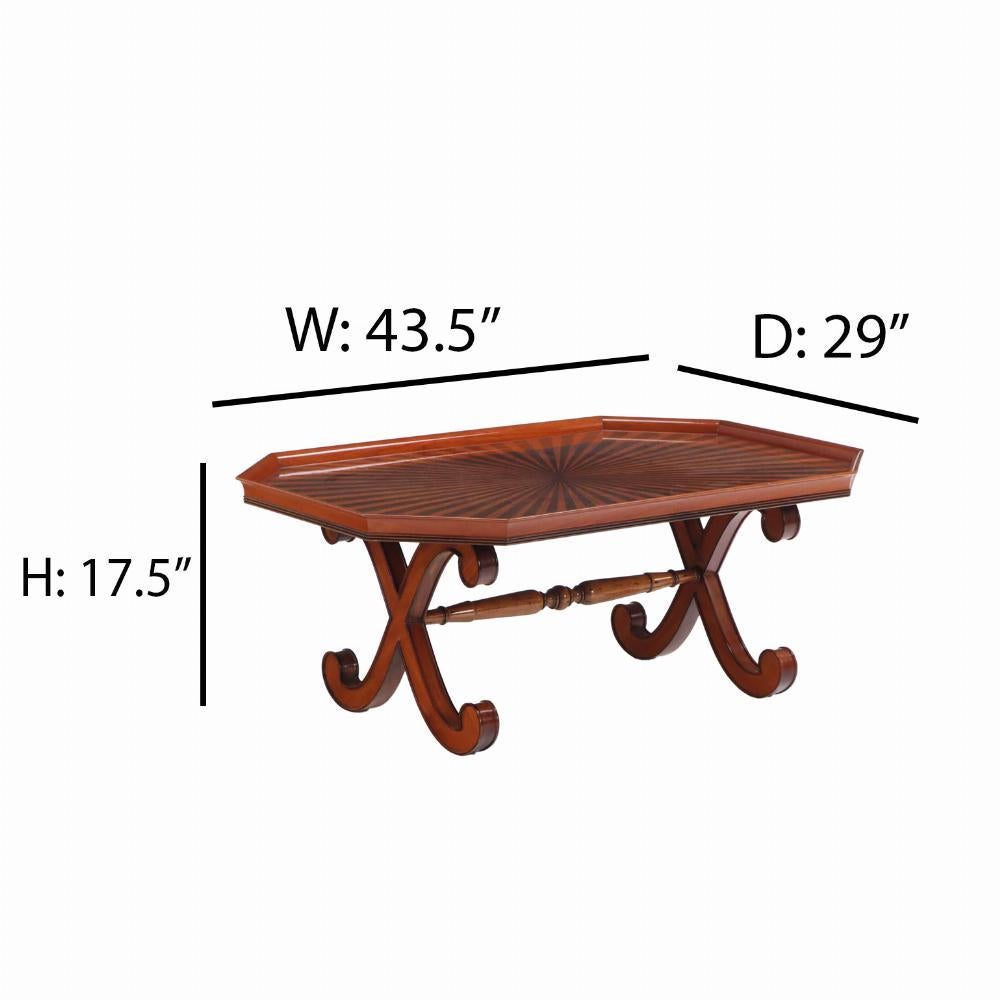 Cette table à plateau de forme octogonale attire l'attention par son plateau en placage radial de bois alternés au-dessus d'une double base en X reliée par un châssis médian tourné.