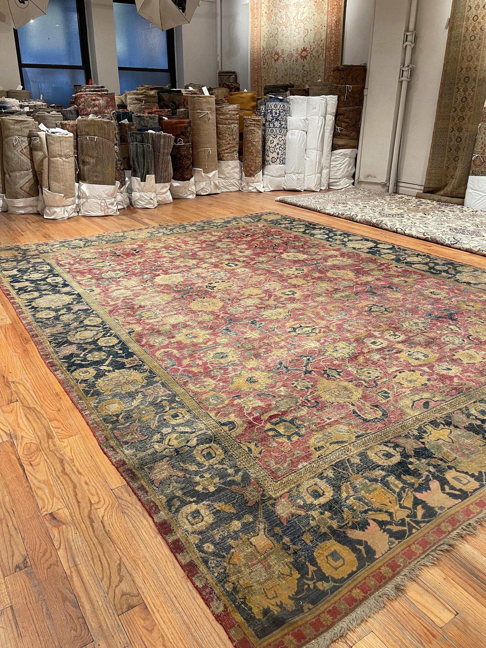 Hand-Knotted A Breathtaking Rare 17th Century Large Antique Persian Isfahan Rug 12'3