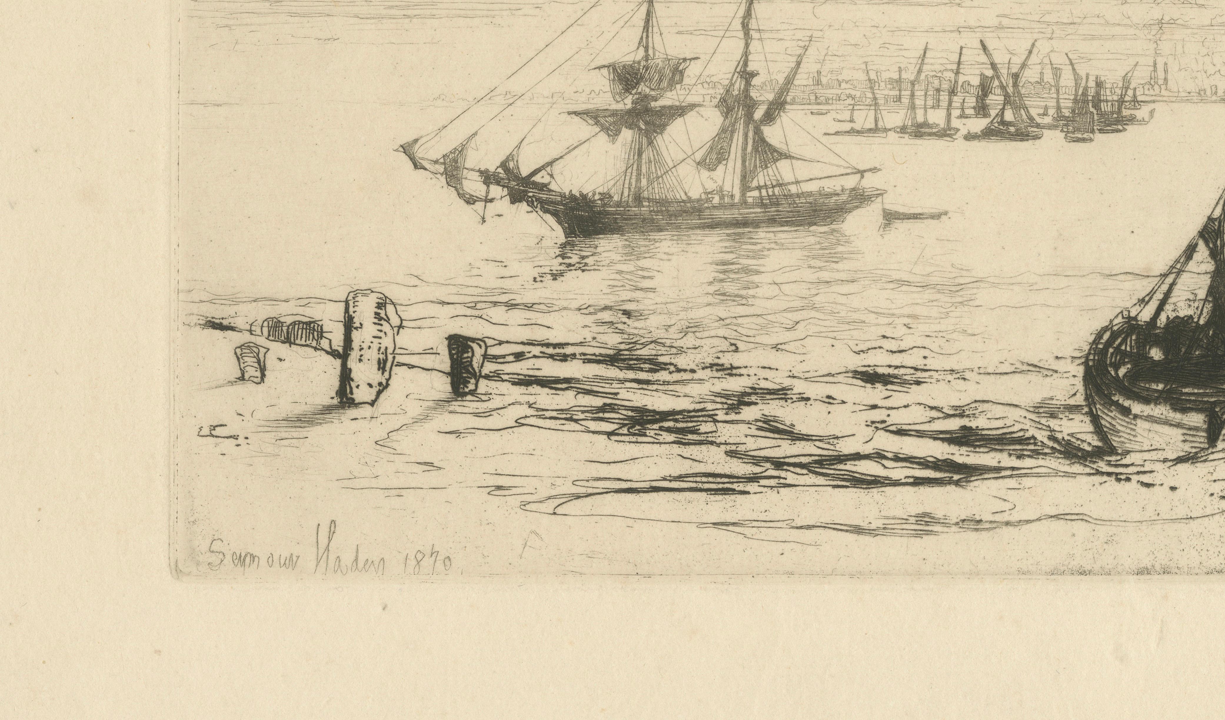 A Brig at Anchor – Thames, Haden, 1870, British Etching Revival