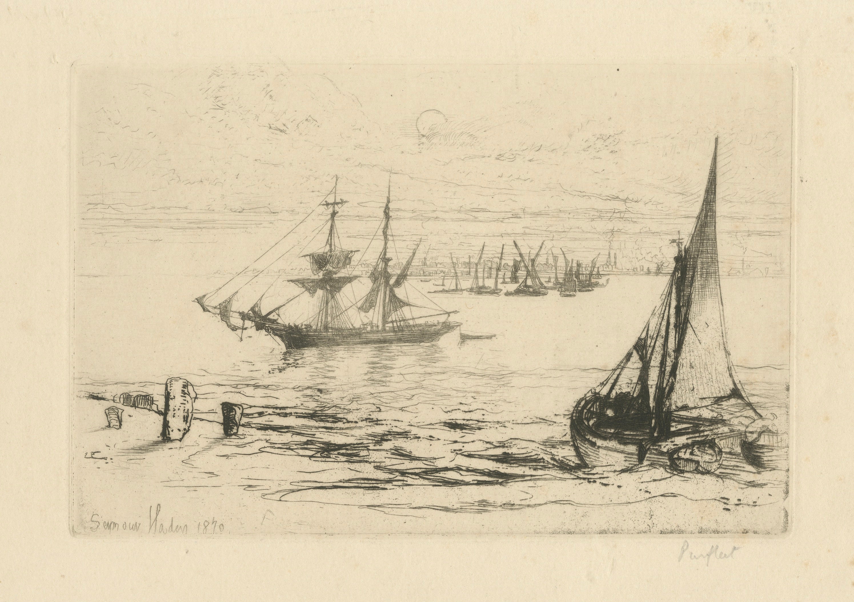 A Brig at Anchor – Thames, Haden, 1870, British Etching Revival