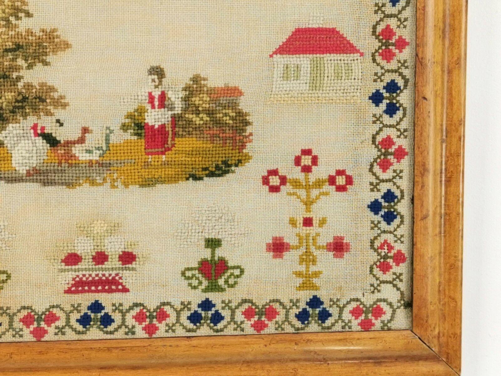 British Brightly Coloured 19th Century Victorian Woolwork Sampler in a Maple Frame