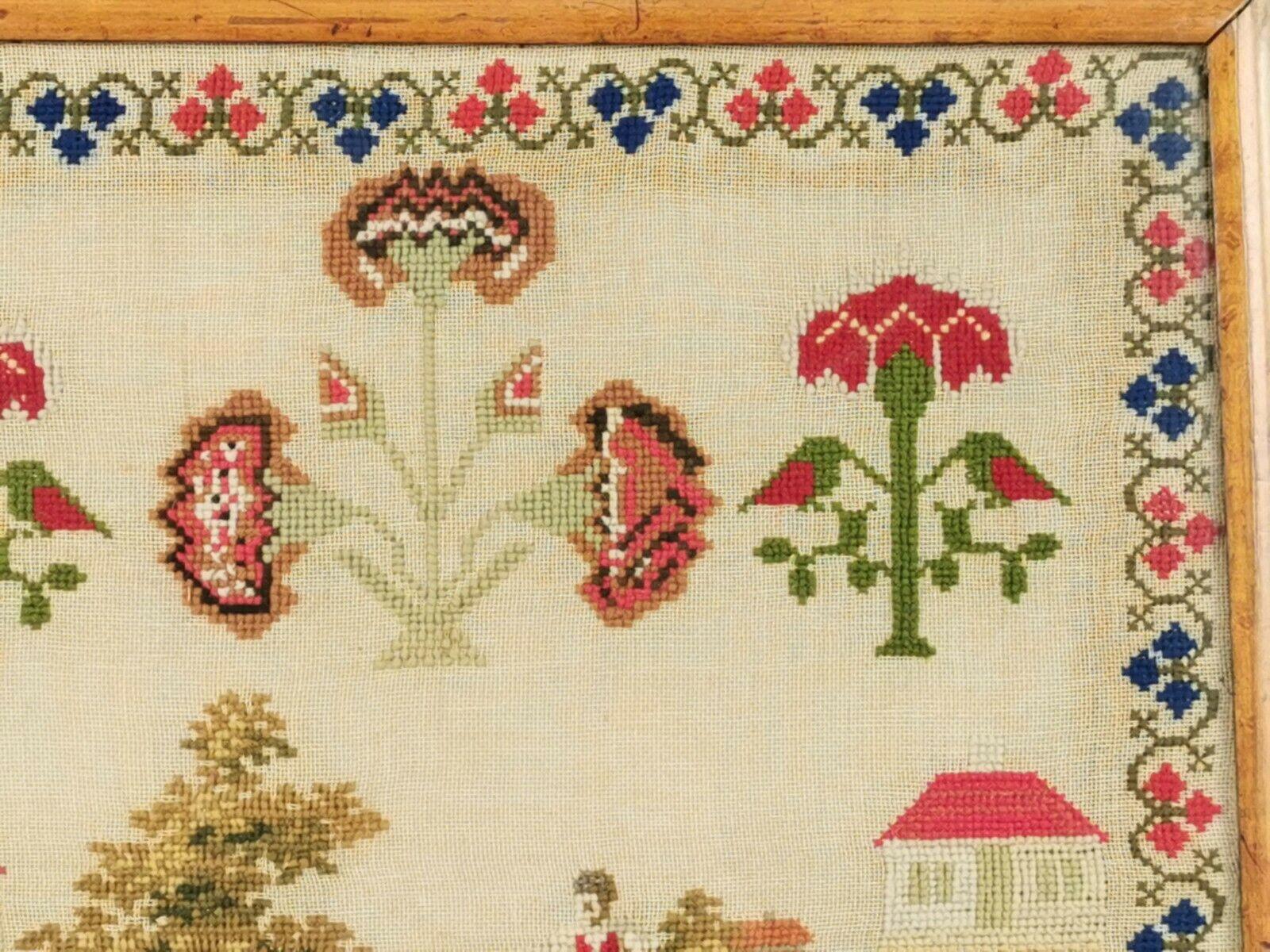 Brightly Coloured 19th Century Victorian Woolwork Sampler in a Maple Frame In Good Condition In STOKE ON TRENT, GB