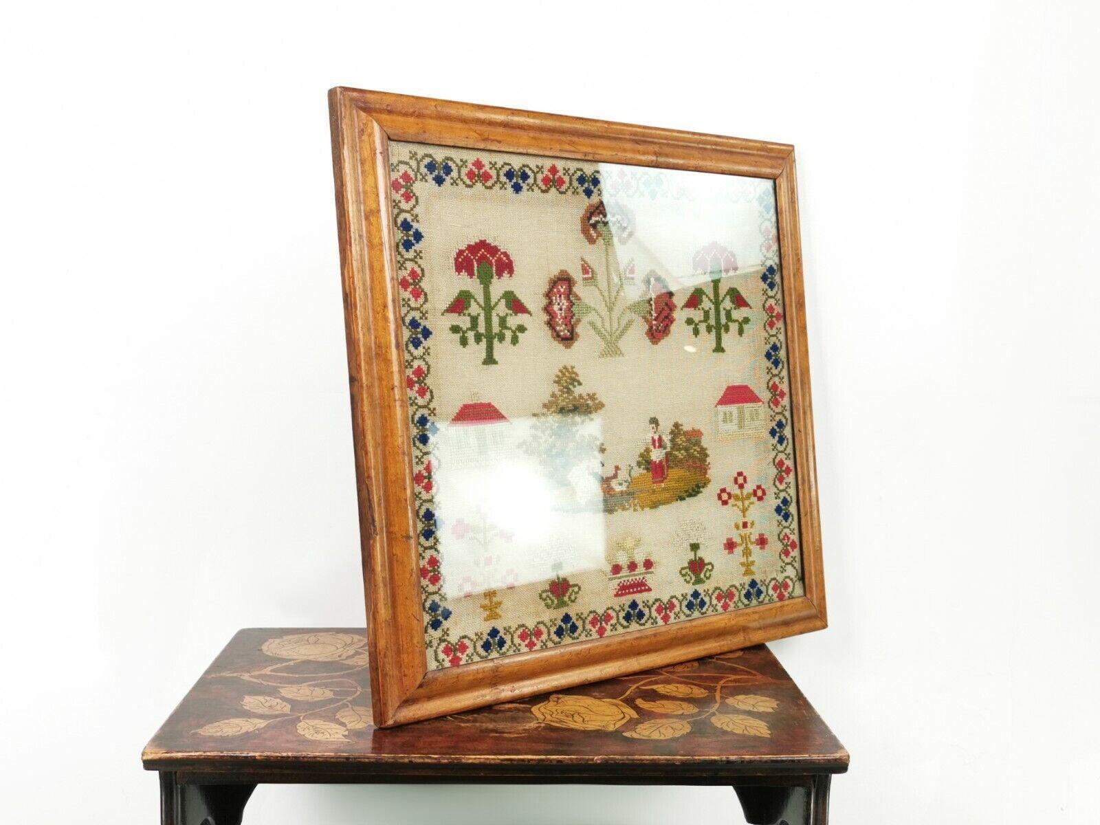 Fabric Brightly Coloured 19th Century Victorian Woolwork Sampler in a Maple Frame
