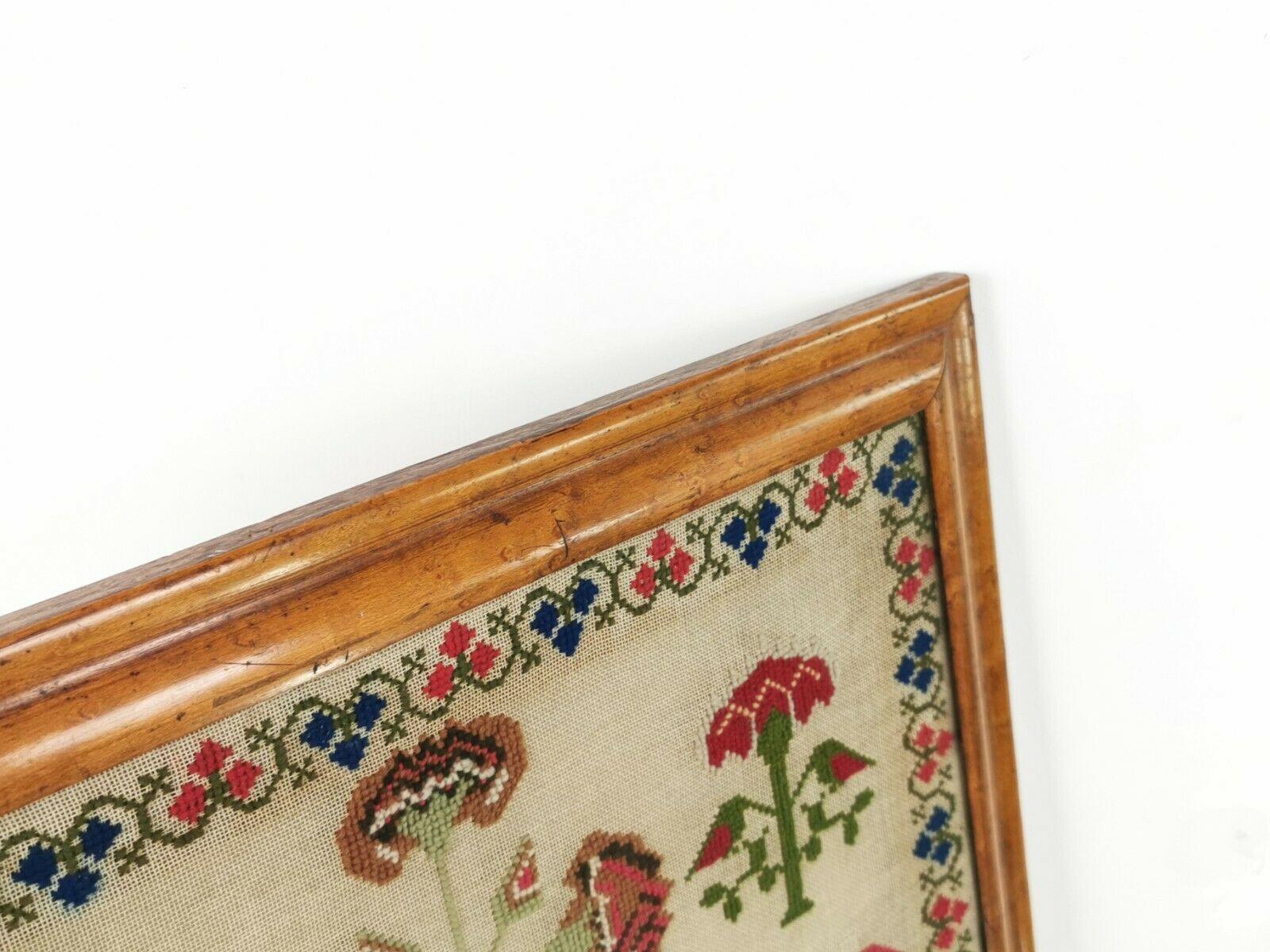 Brightly Coloured 19th Century Victorian Woolwork Sampler in a Maple Frame 1