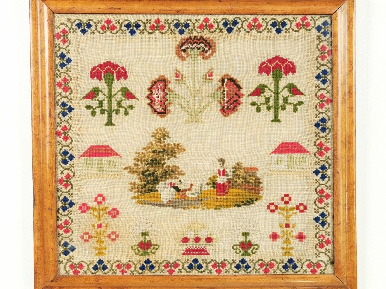 Brightly Coloured 19th Century Victorian Woolwork Sampler in a Maple Frame 2