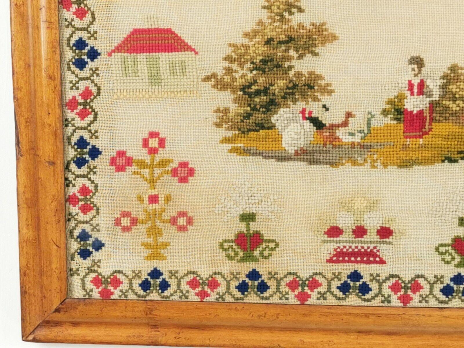 Brightly Coloured 19th Century Victorian Woolwork Sampler in a Maple Frame 3