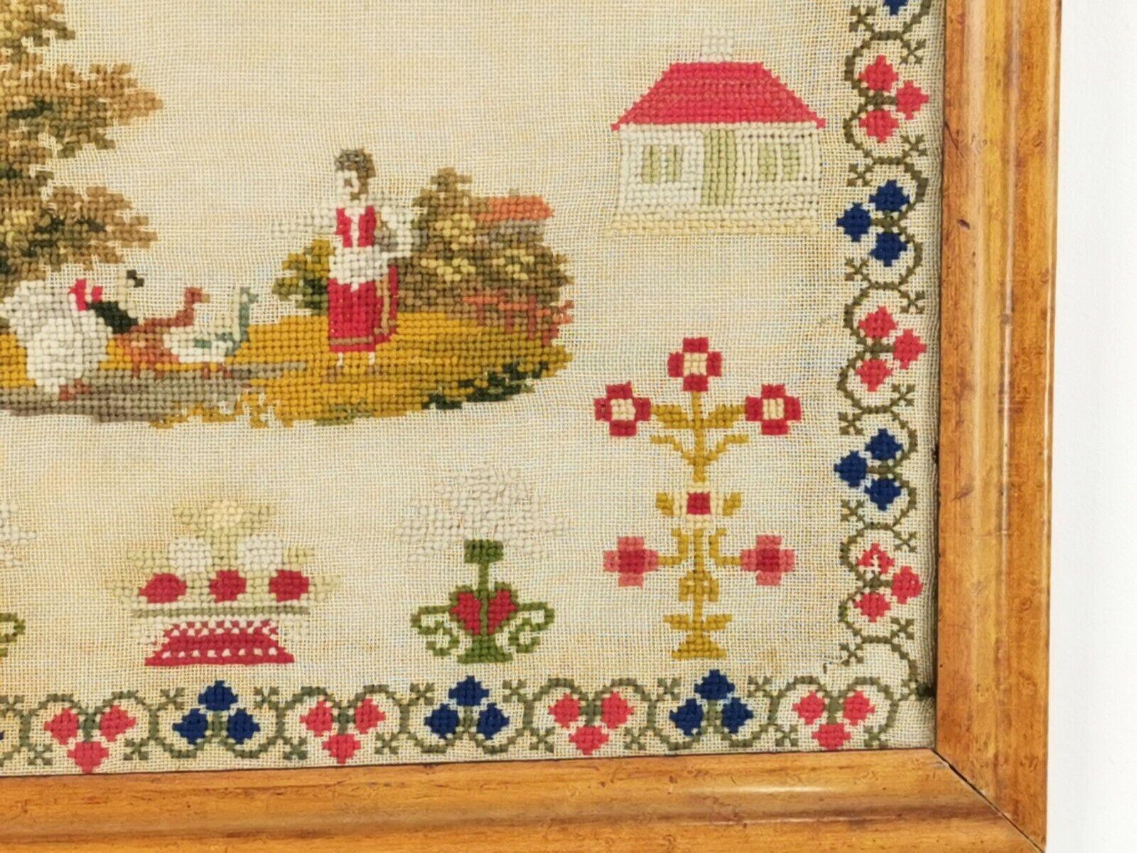 Brightly Coloured 19th Century Victorian Woolwork Sampler in a Maple Frame 4