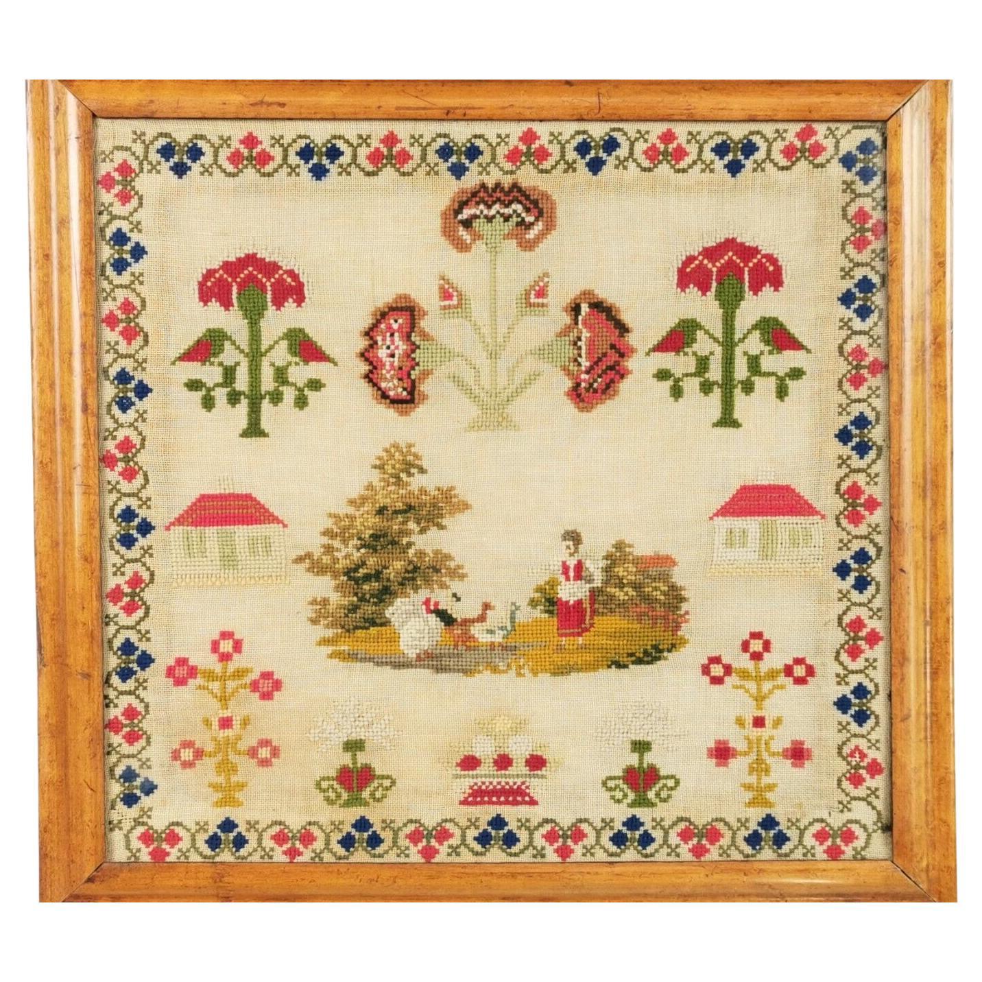 Brightly Coloured 19th Century Victorian Woolwork Sampler in a Maple Frame