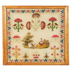 Antique Brightly Coloured 19th Century Victorian Woolwork Sampler in a Maple Frame
