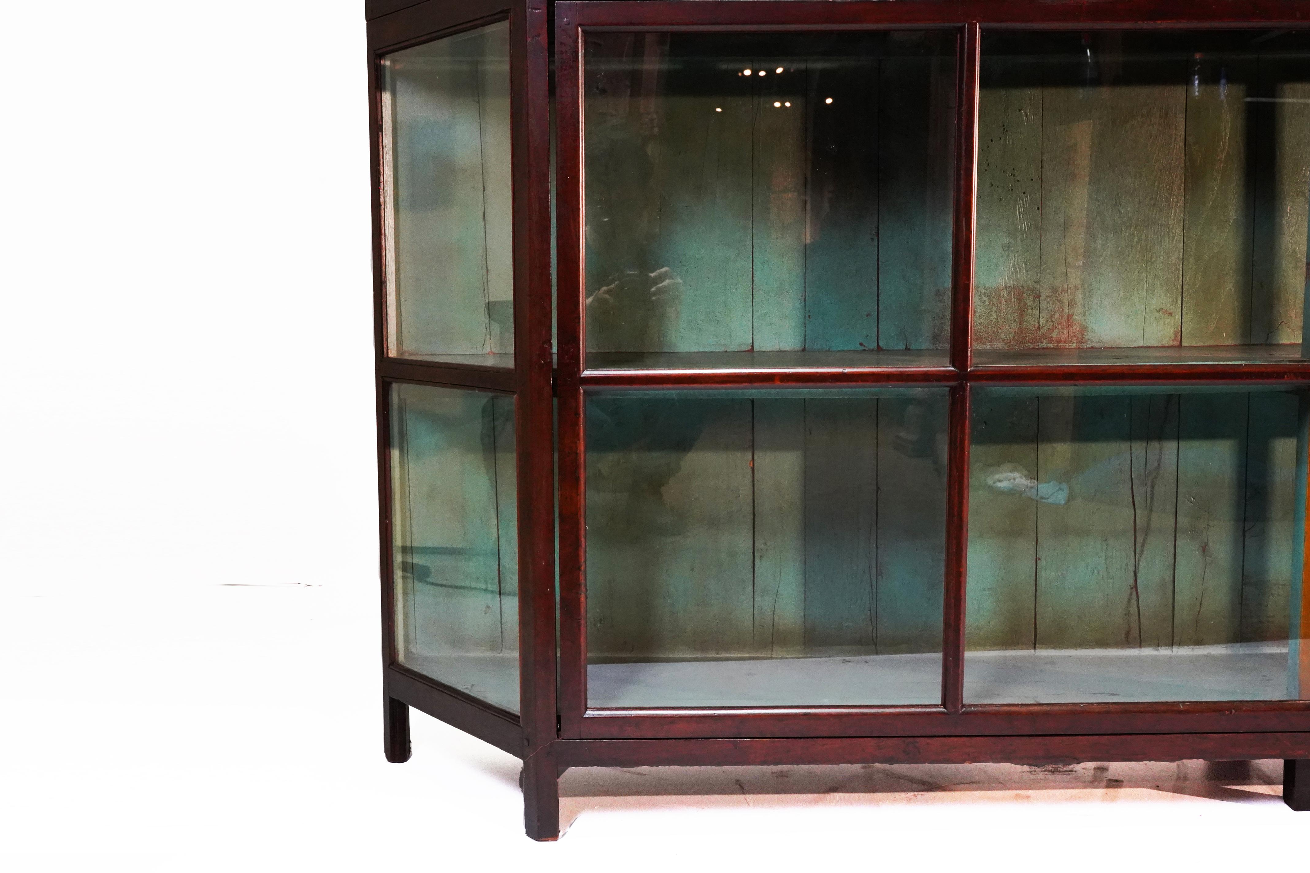 Grand C. 1900 British Raj Bookcase with Glazed Doors and Turquoise Interior In Good Condition In Chicago, IL