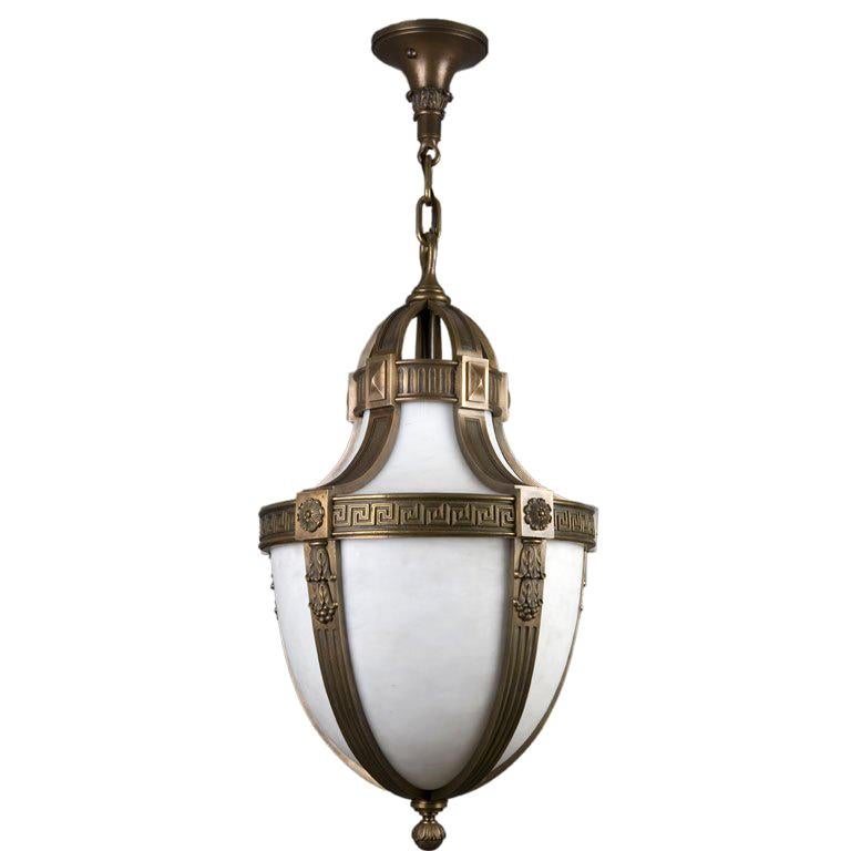 Cast Bronze Neoclassical Pendant Lantern with Curved Opal White Glass Circa 1900