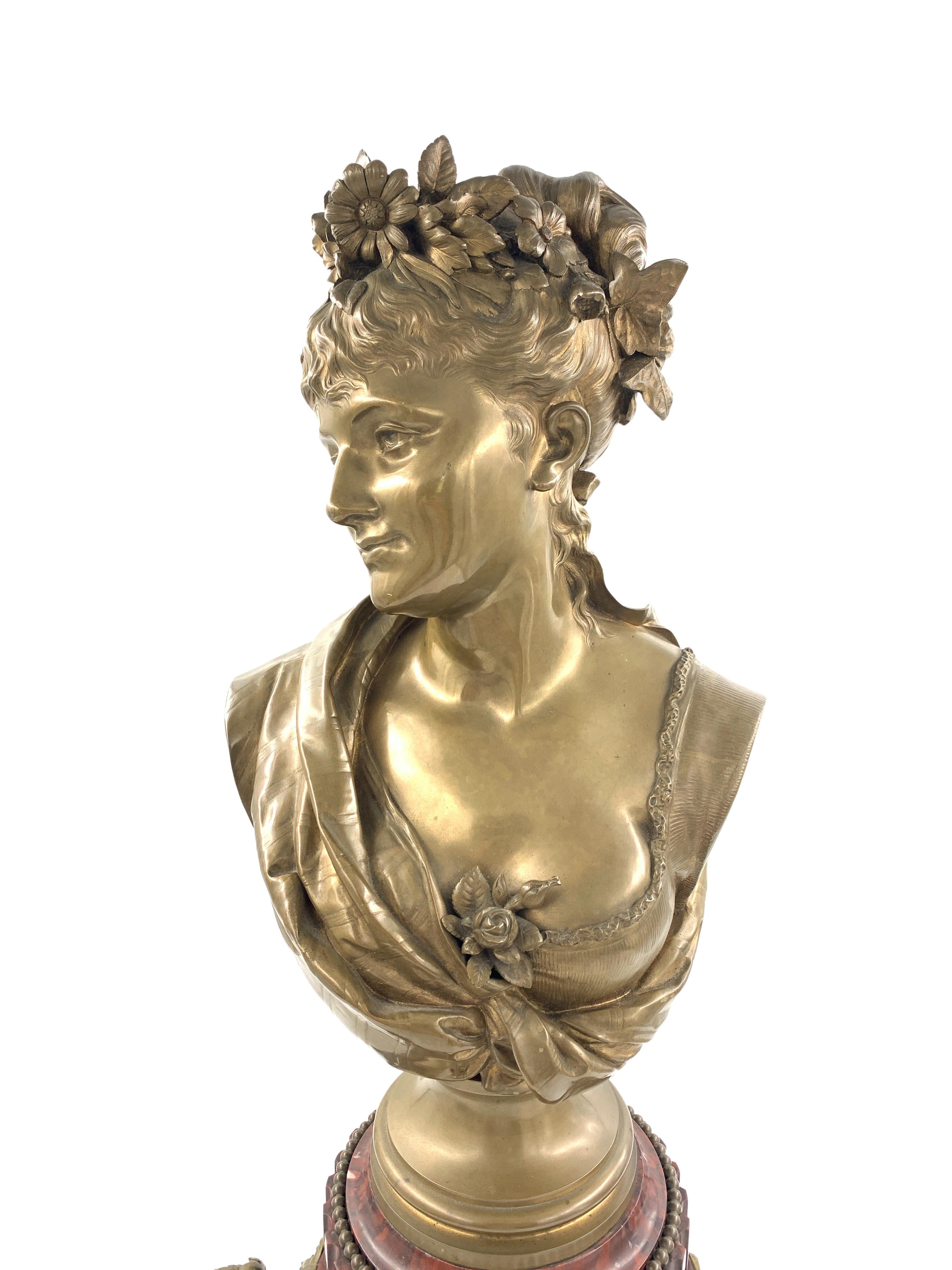 The subtle smile of this serene sculpture echoes the debates of secrets and the Mona Lisa smile. This bronze bust of a young woman is by the Belgian sculptor Léopold Harzé and is dated 1878, the bronze sculpture is raised upon marble base.
,