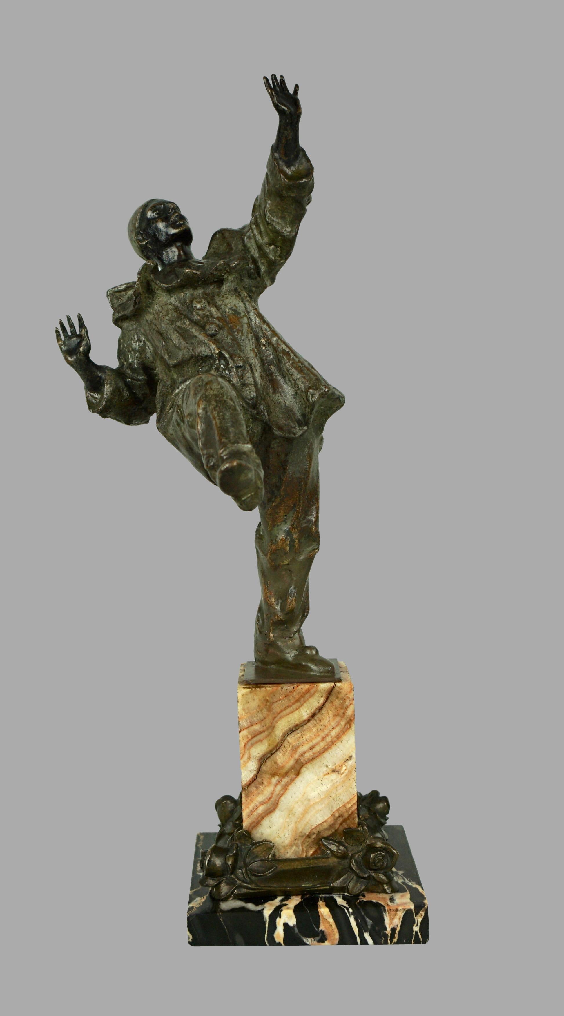 French Bronze Dancing Harlequin or Clown Standing on Two Color Marble Base