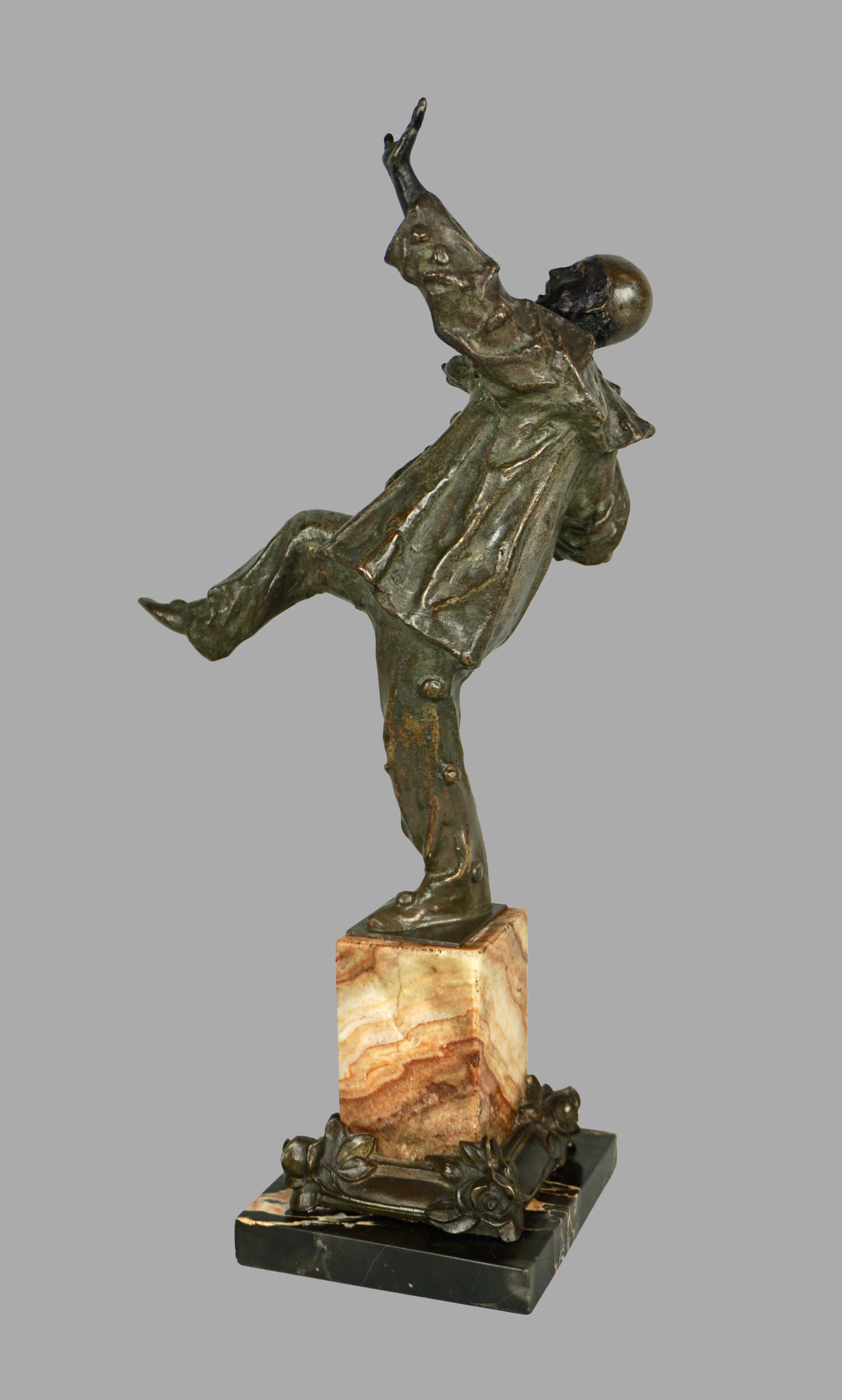Bronze Dancing Harlequin or Clown Standing on Two Color Marble Base In Good Condition In San Francisco, CA