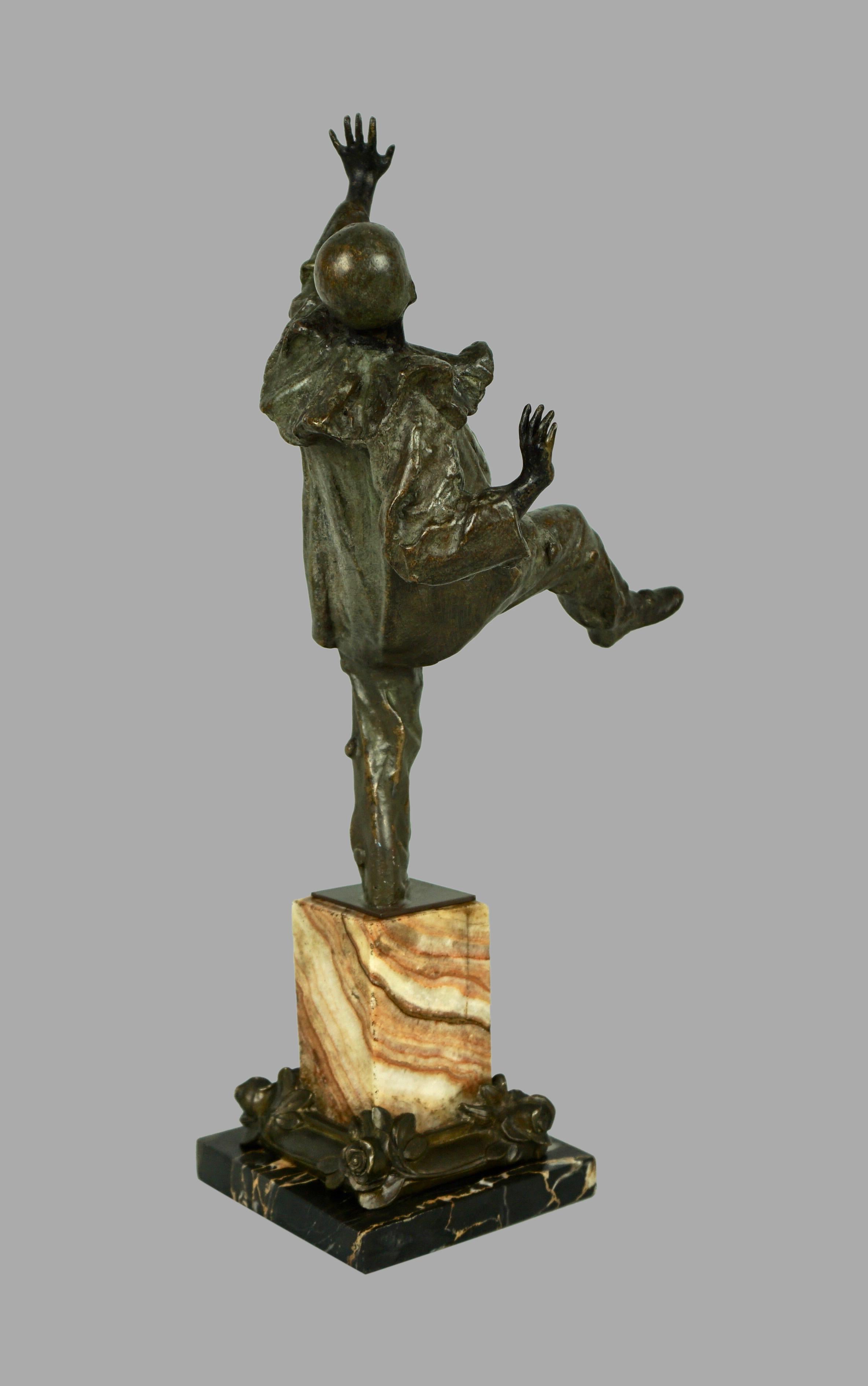 Bronze Dancing Harlequin or Clown Standing on Two Color Marble Base 1