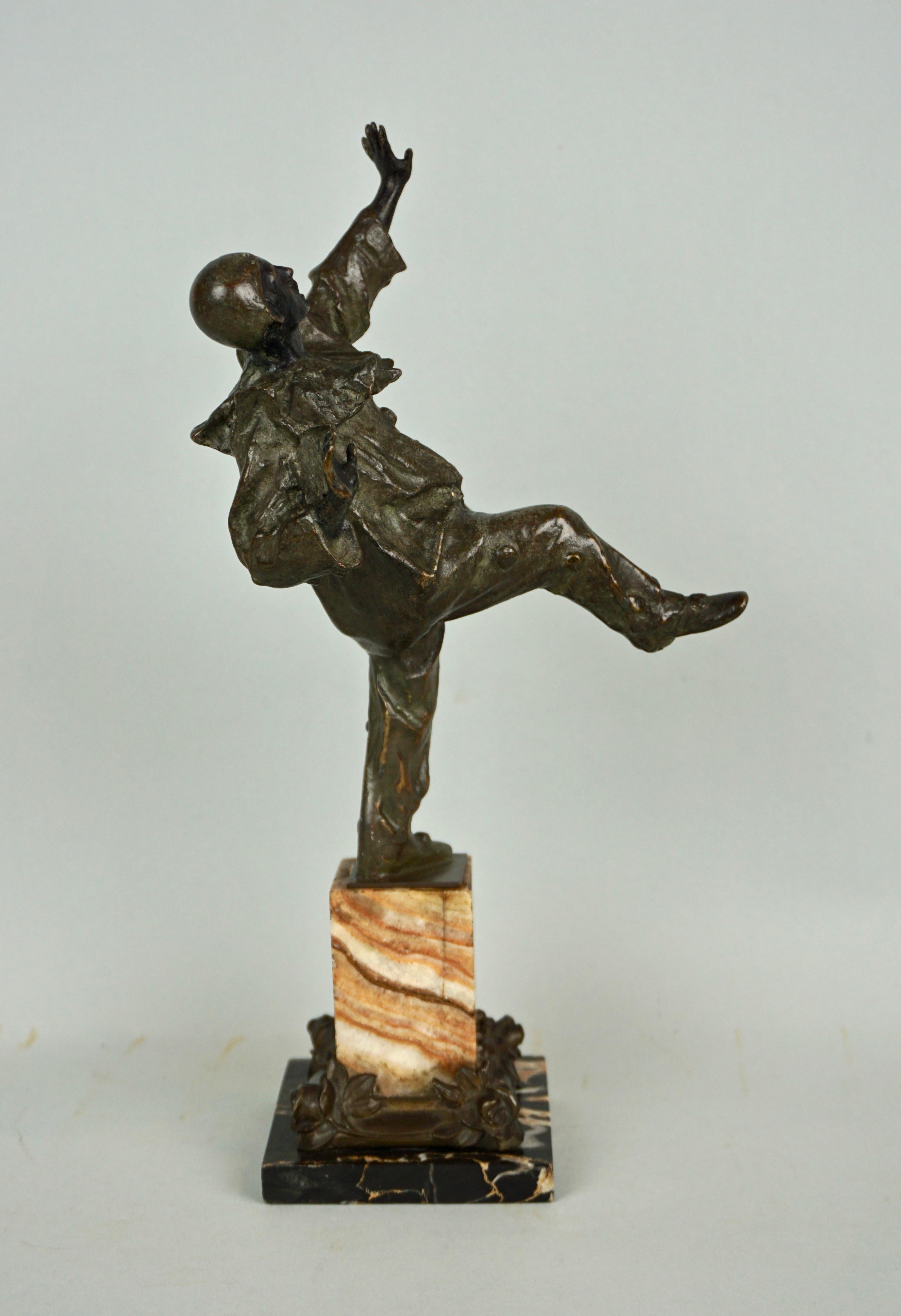 Bronze Dancing Harlequin or Clown Standing on Two Color Marble Base 2