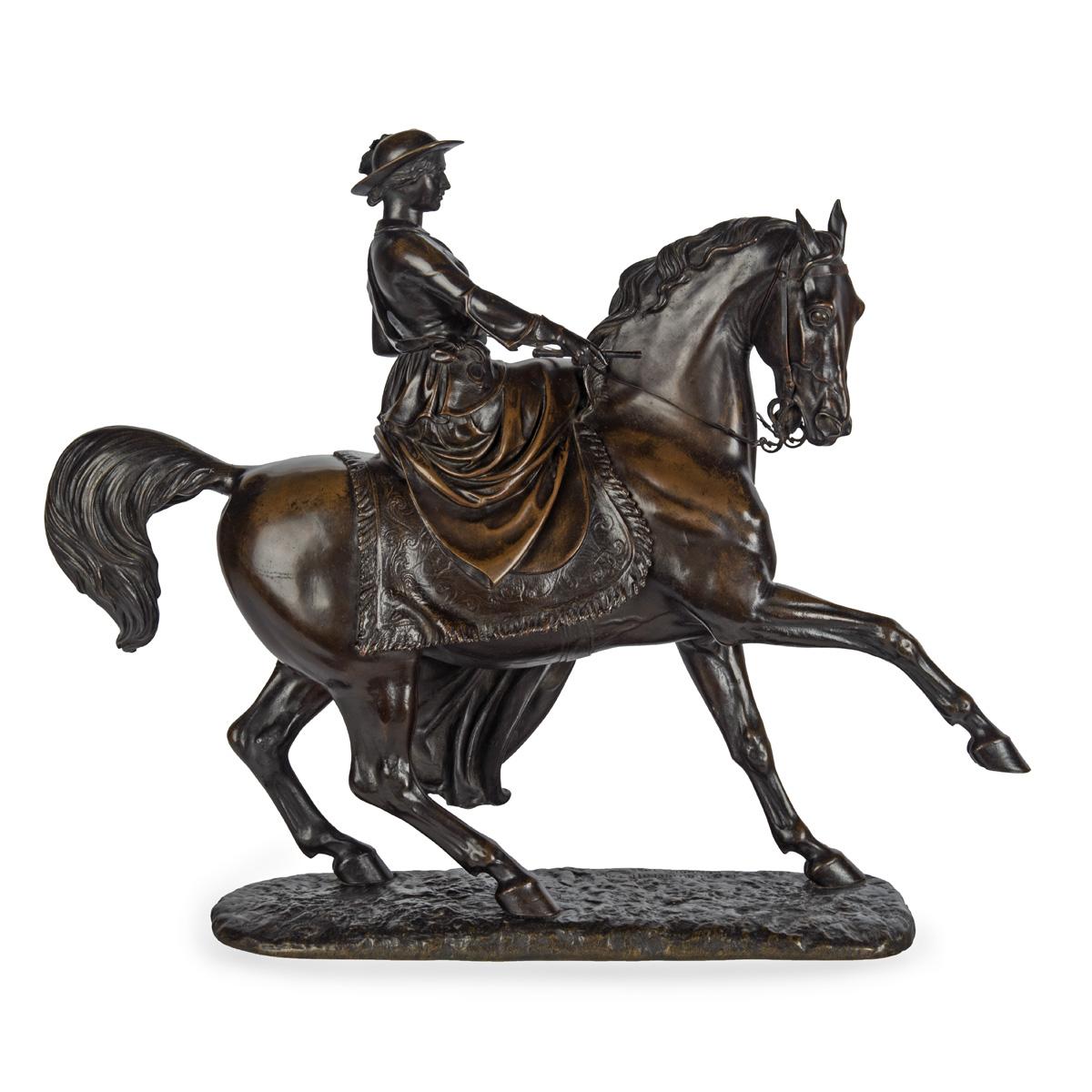 Una delle meno di cinquanta riduzioni in bronzo di una giovane regina Vittoria a cavallo dopo Thomas Thornycroft per l'Art Unions of London 1854

Ritratto equestre in bronzo raffigurante la giovane Regina Vittoria in sella al suo cavallo arabo e