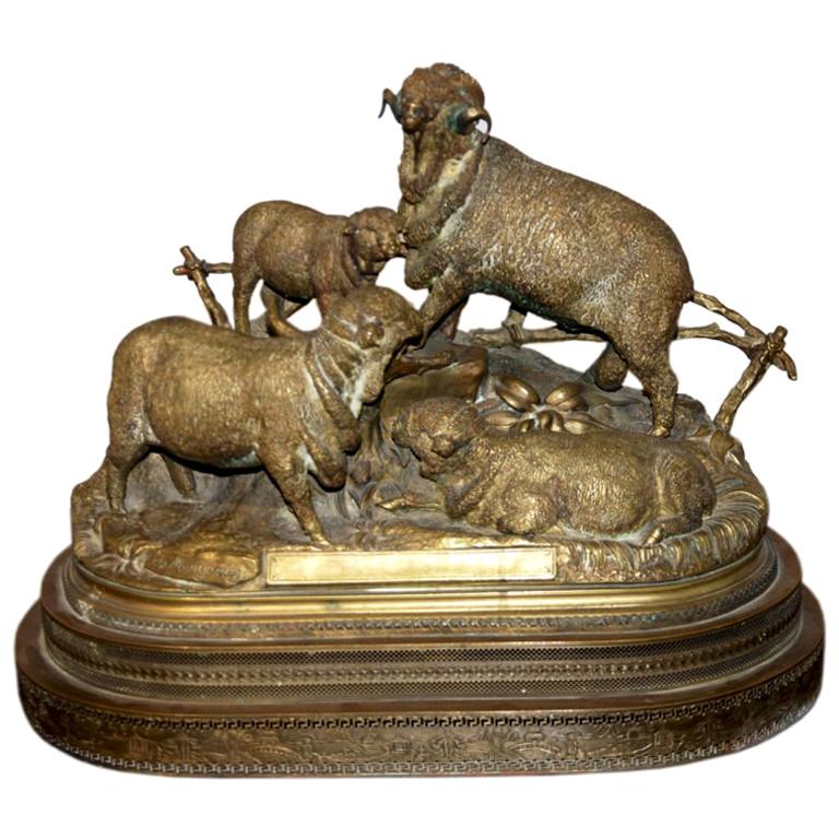 A Bronze Figural Group of Rams by Jules Moignez For Sale