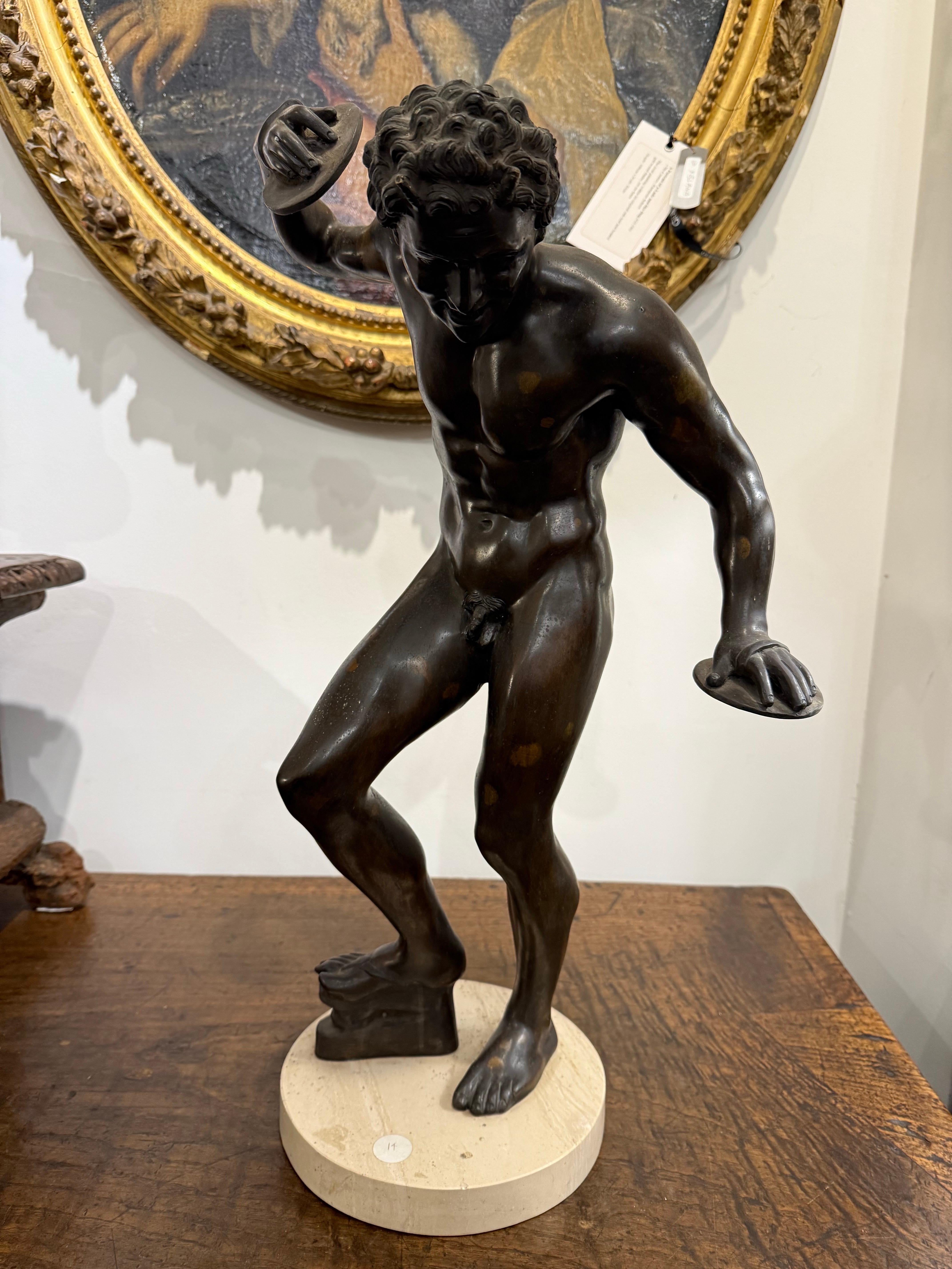 A Bronze Figure of a Faun Dancing with Clappers, 19th Century

Provenance: Private Victoria Collection.

Description:
The Grand Tour bronze modelled after the ‘Dancing Faun’, a Roman copy (143cm tall) of an original Greek bronze dating from the late