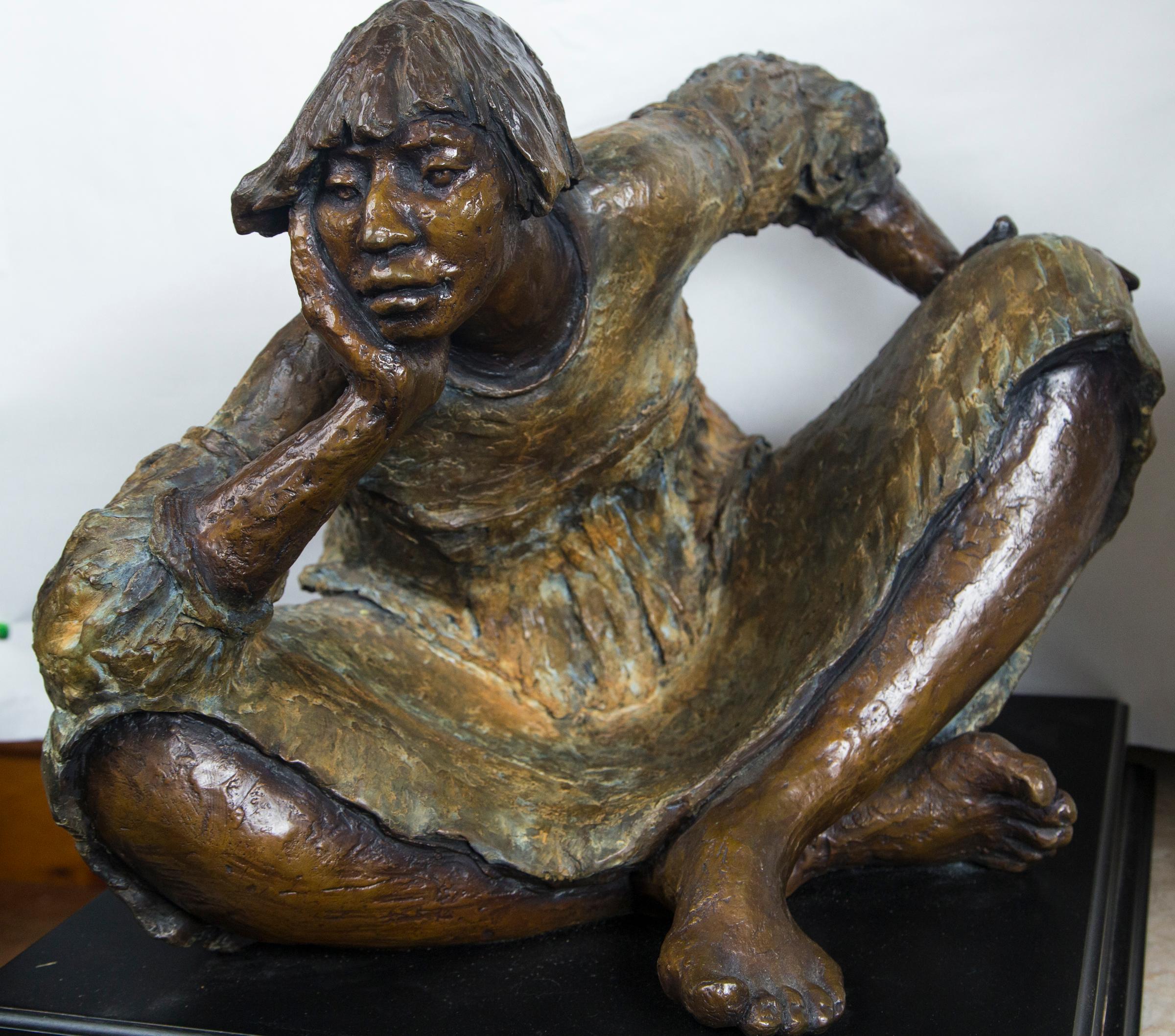 Hand-Crafted Bronze Figure of a Native American Woman, Signed For Sale
