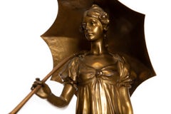 Bronze Figure of Girl in High-Waisted Evening Dress with Umbrella Hans Müller