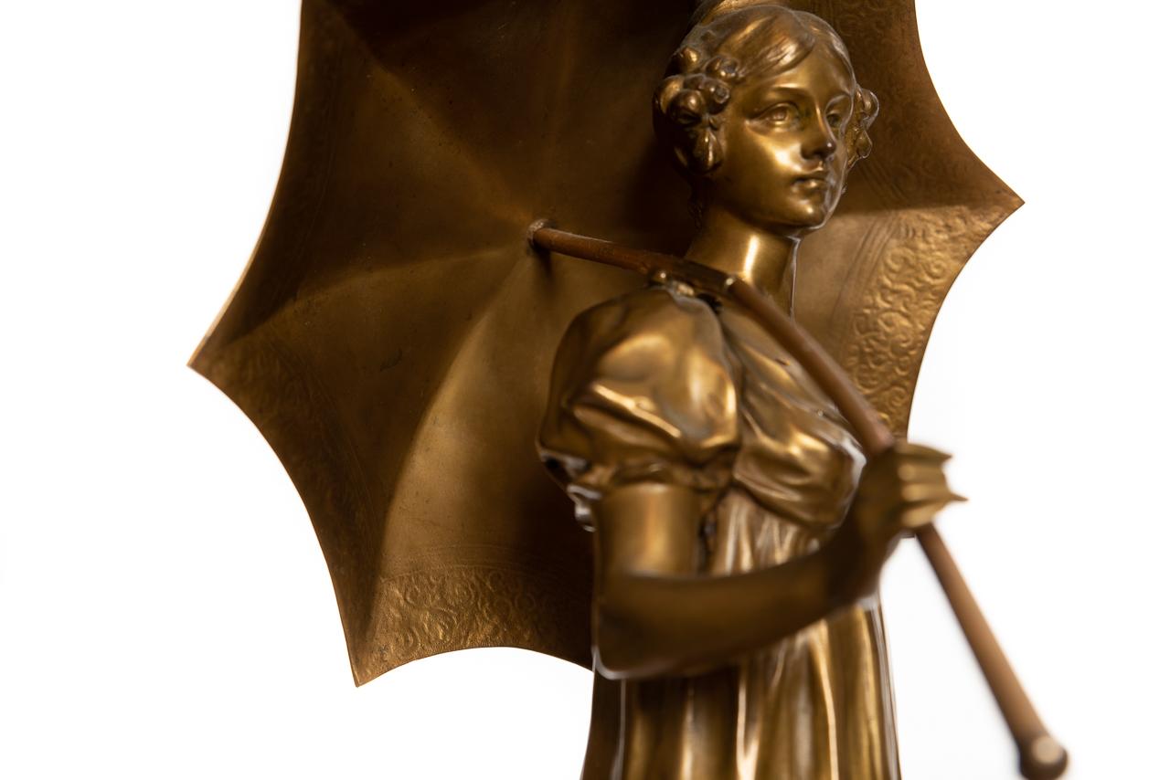 Bronze Figure of Girl in High-Waisted Evening Dress with Umbrella Hans Müller In Good Condition For Sale In Cheltenham, GB