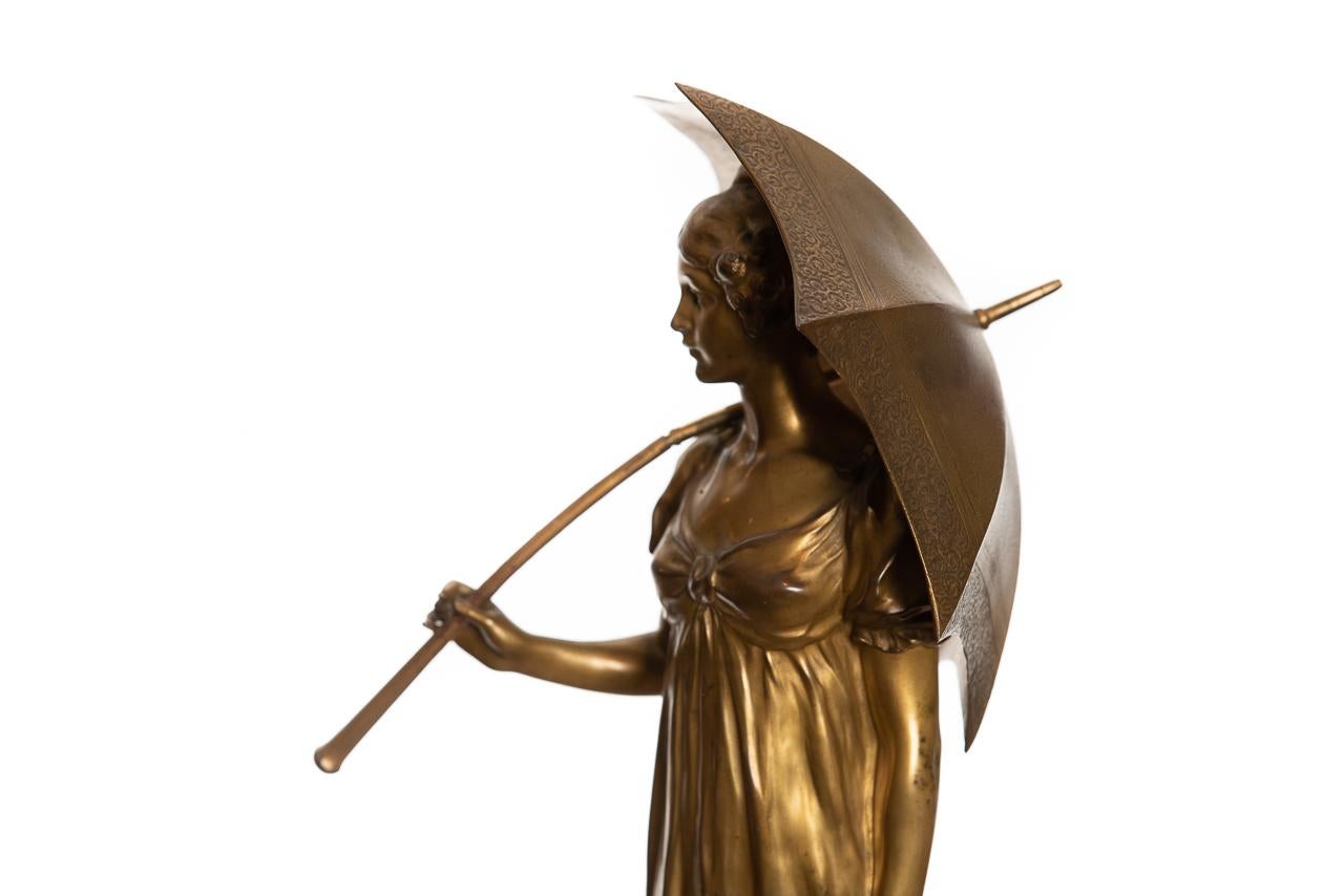 Bronze Figure of Girl in High-Waisted Evening Dress with Umbrella Hans Müller For Sale 2