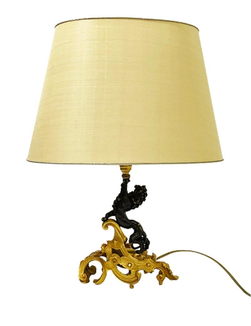 Gilt Bronze Lamp with Curled Leaf Gilded Base and Standing Lion For Sale