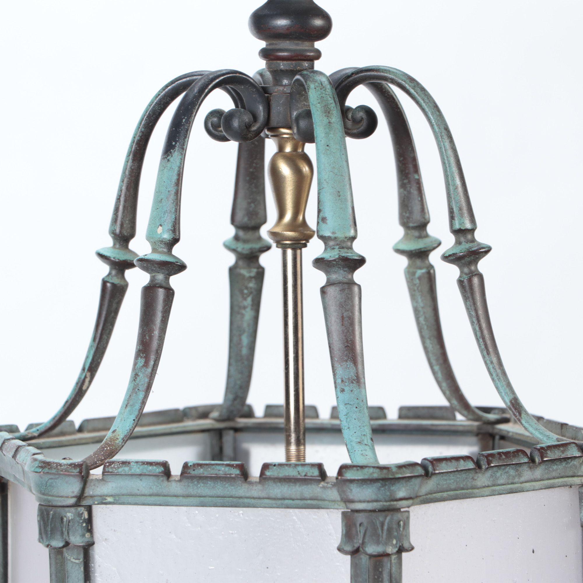 Bronze Lantern with Grape and Leaf Motif and Green Patina, circa 1920 In Good Condition In Philadelphia, PA