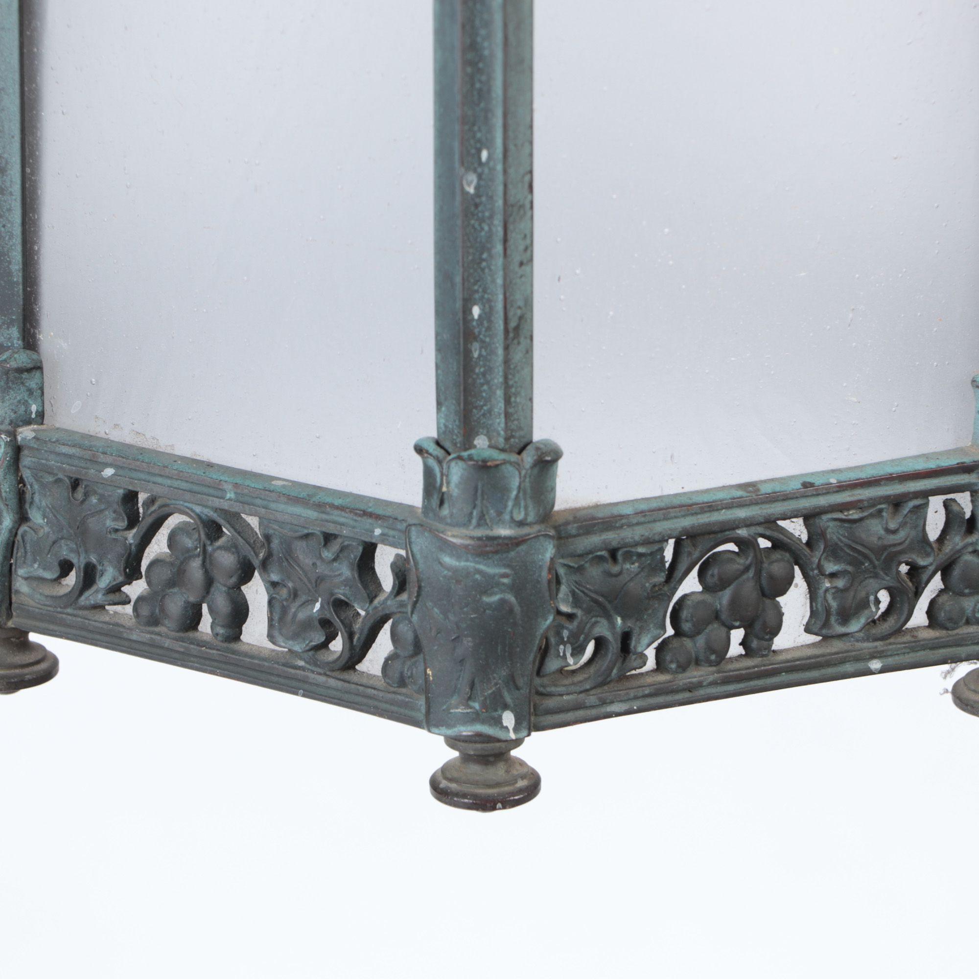 Early 20th Century Bronze Lantern with Grape and Leaf Motif and Green Patina, circa 1920