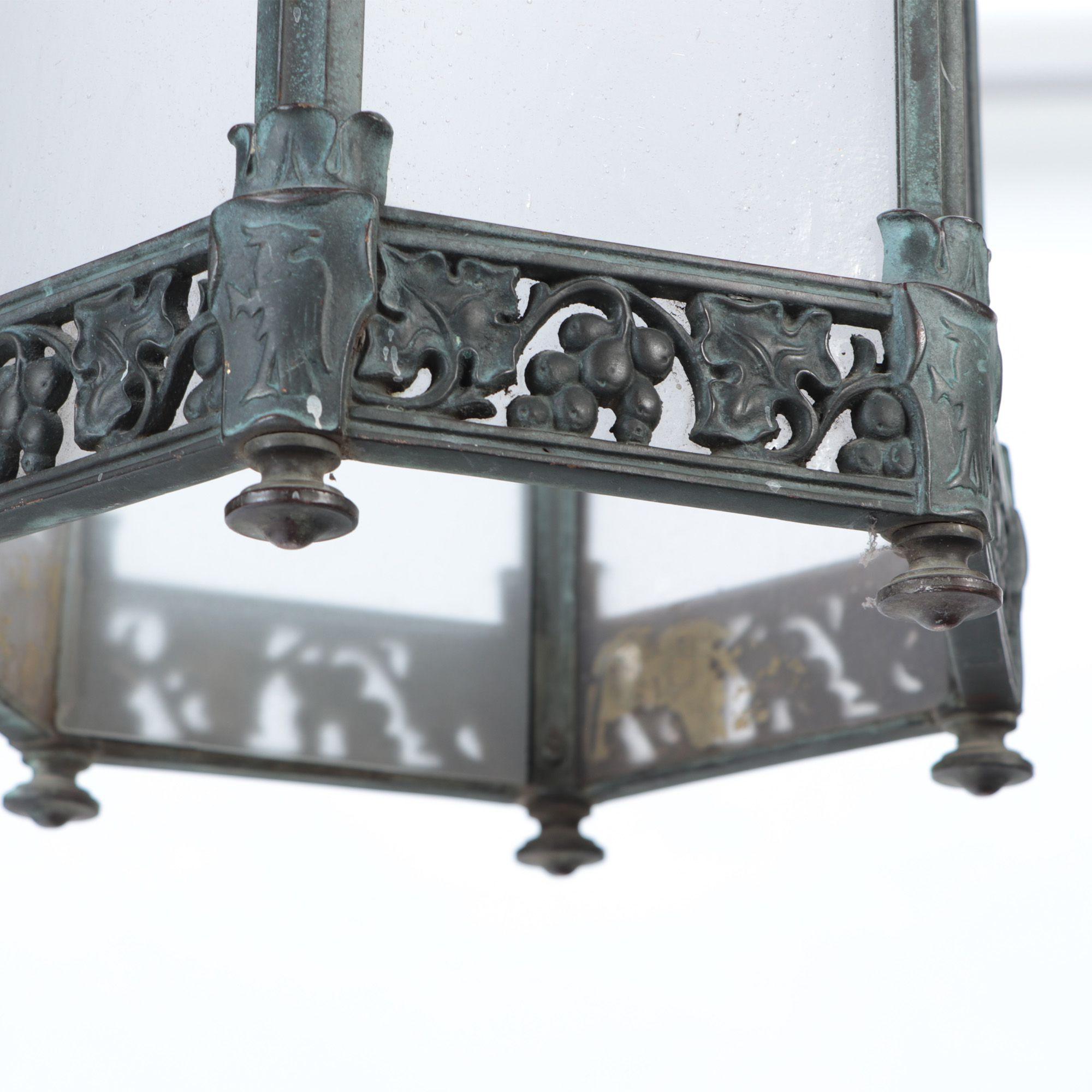 Bronze Lantern with Grape and Leaf Motif and Green Patina, circa 1920 1