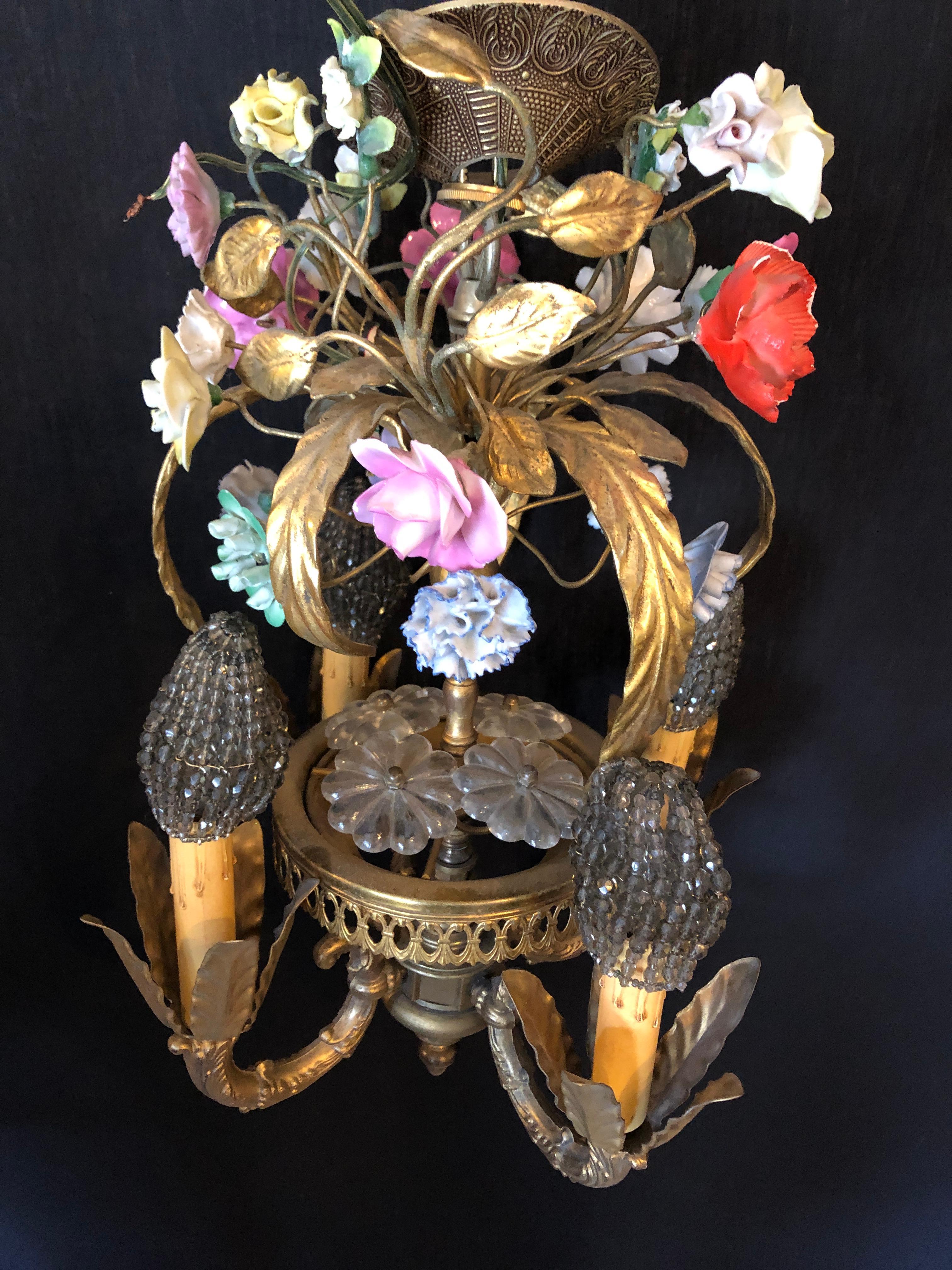 Belle Époque Bronze Louis XVI Style French Chandelier with Porcelain Flowers