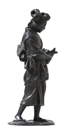 Bronze Model of a Heron Maiden Holding a Fish Basket Japanese, Meiji Period