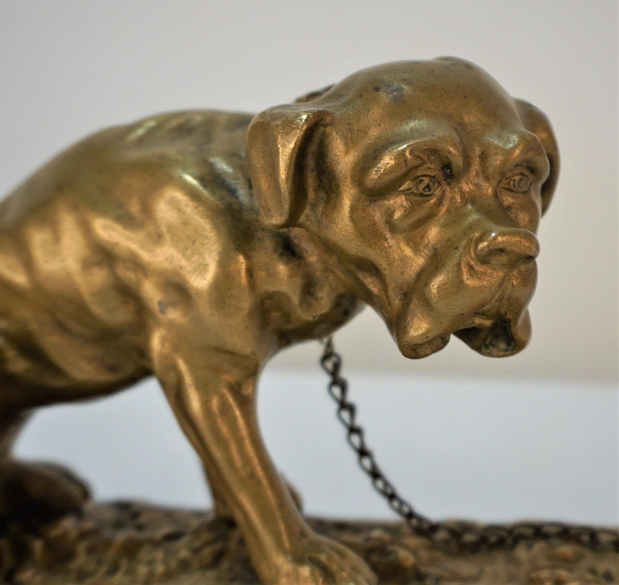 Beautiful bronze chained Mastiff dog to the post. Post inscribed S'adresser À Concerne.