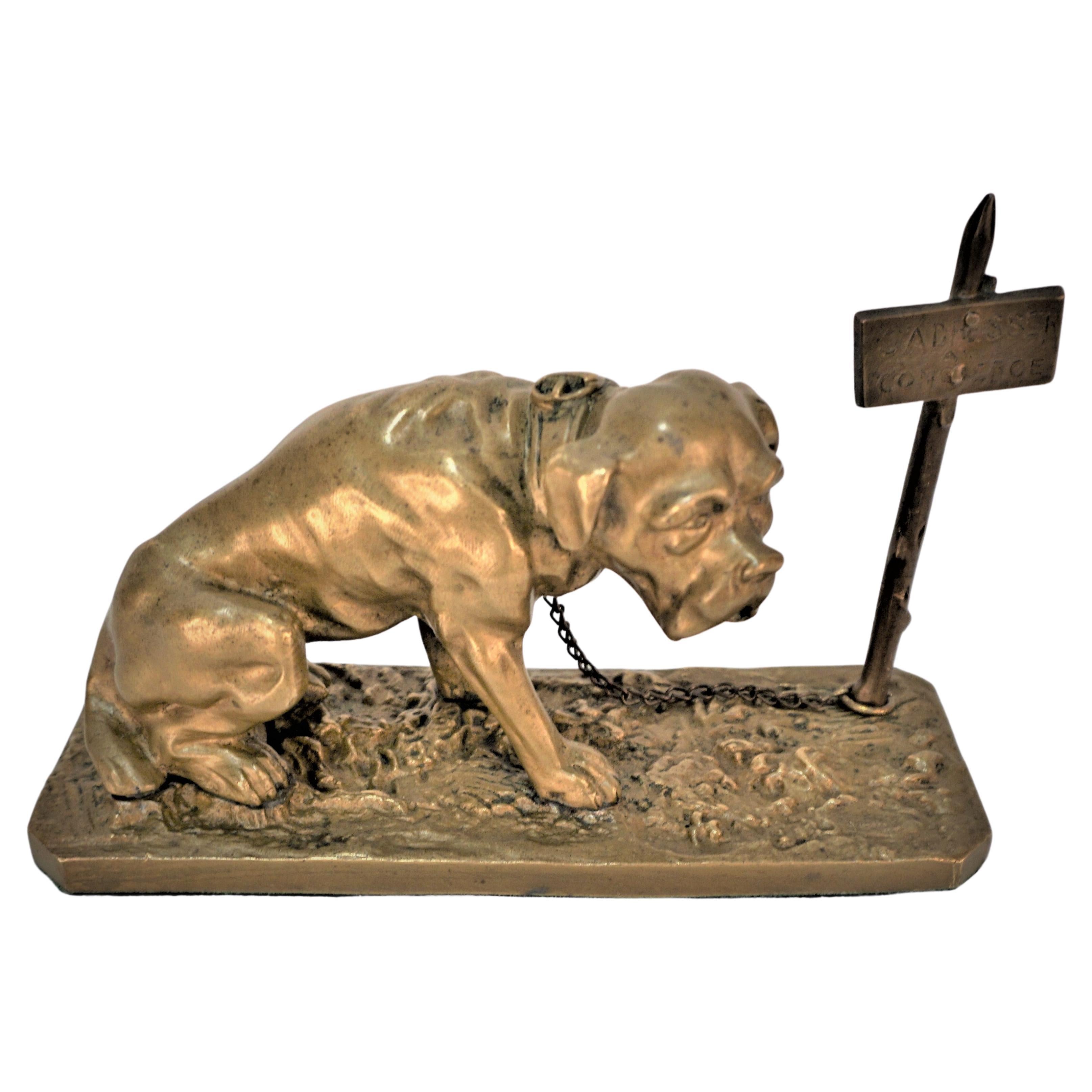 Bronze of a Mastiff Chained to a Post Inscribed S'adresser À Concerne