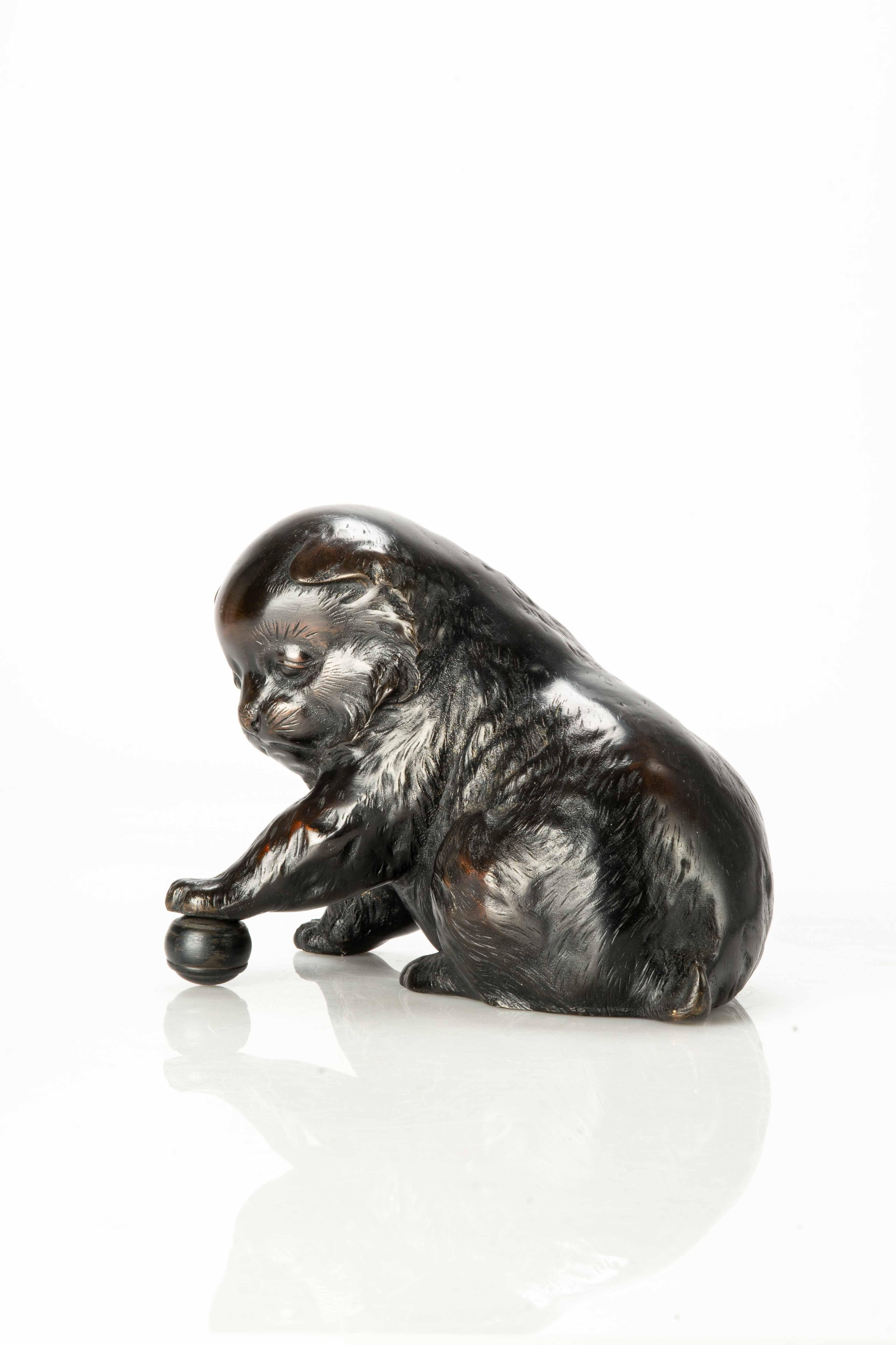 Bronze okimono depicting a study of a puppy playing with a ball.

The puppy has a playful and curious expression as he interacts with the ball.

The ball the dog plays with is also sculpted with lifelike detail, the patina of the bronze surface