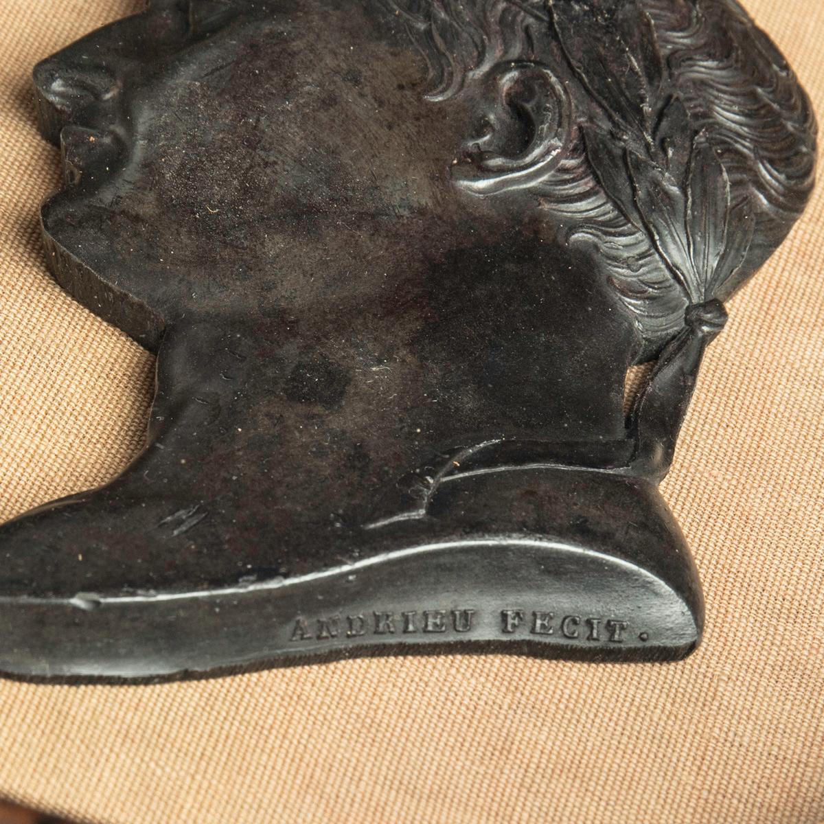 A bronze portrait of Emperor Napoleon Bonaparte, by Andrieu, showing Napoleon facing to the right and wearing the laurel garland of a Roman emperor, stamped Andrieu Fecit (Andrieu made it), in an oval frame.  The paper label on the reverse stating
