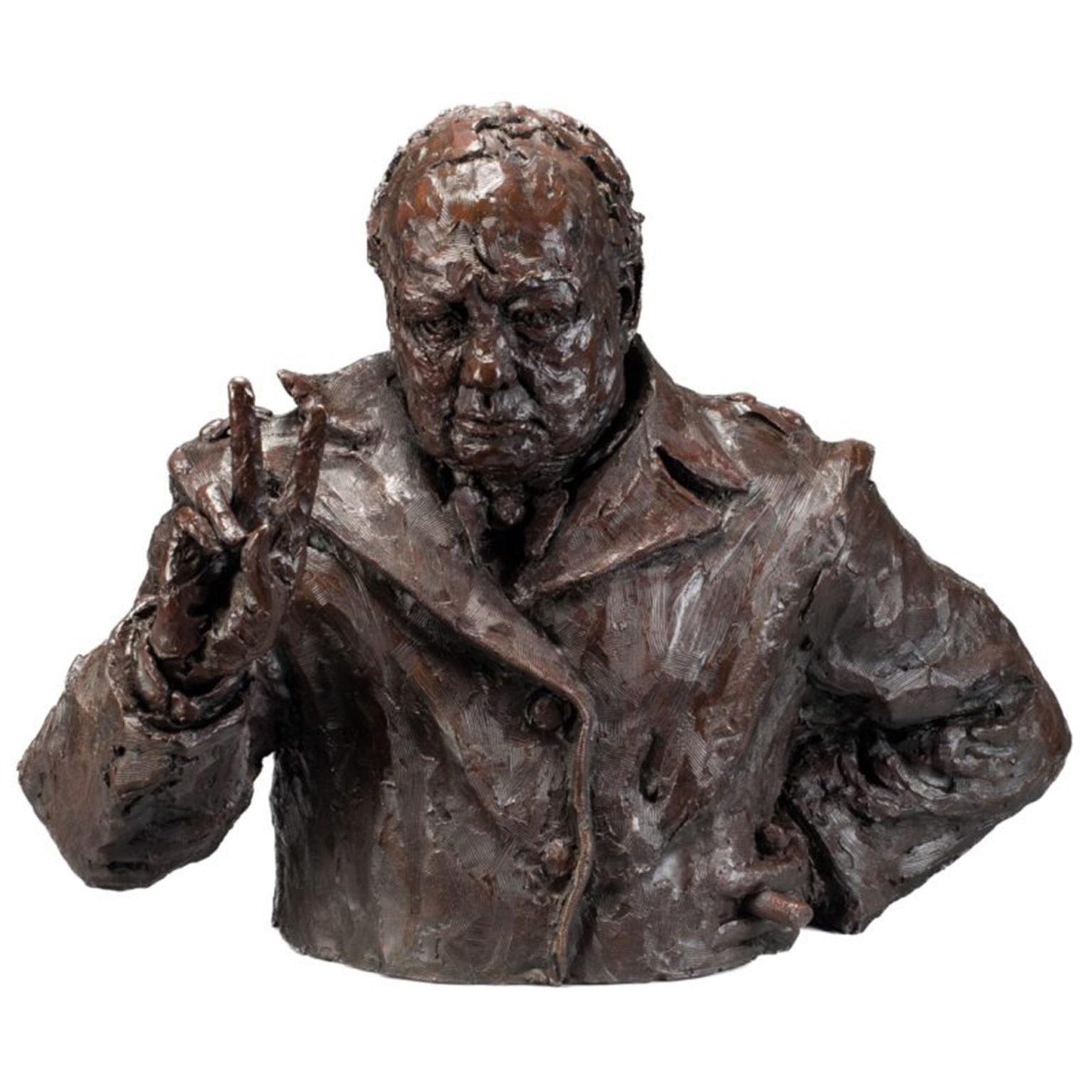 A bronze portrait of Sir Winston Churchill by Rufus Martin, 2023 This head and shoulders bronze bust is instantly recognizable as Sir Winston Churchill.  He is wearing a British Warm greatcoat with epaulettes and has a half-smoked cigar in the left