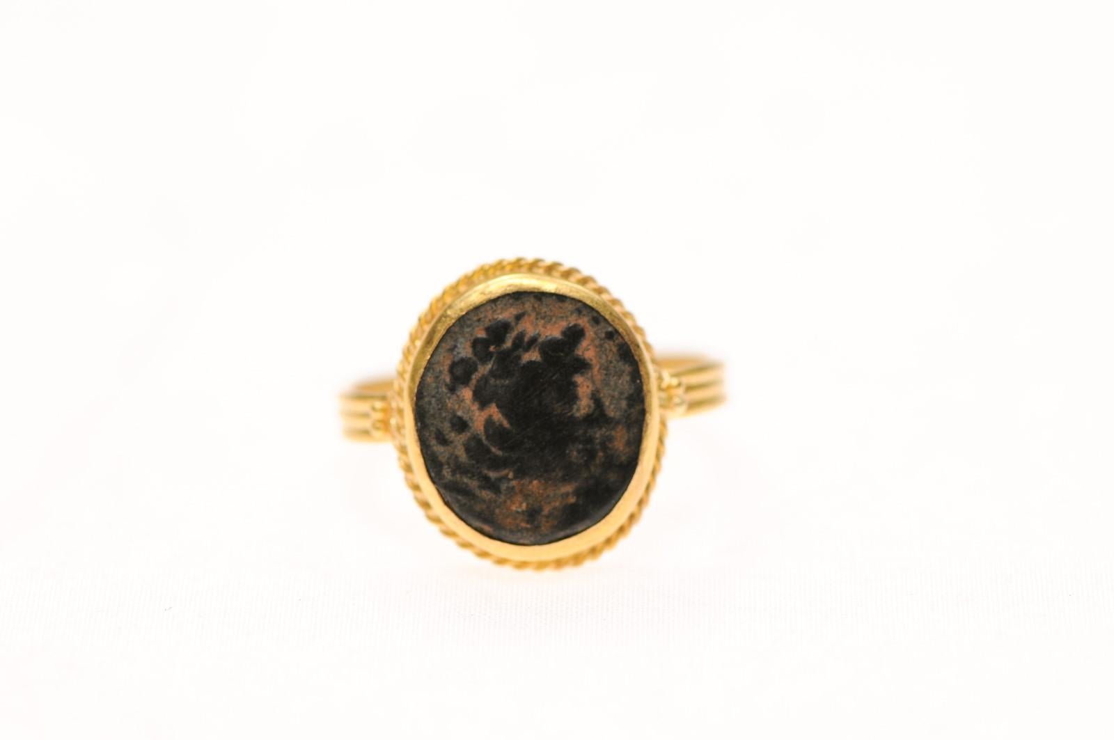 A Bronze Roman Coin as ring w 21K For Sale 1