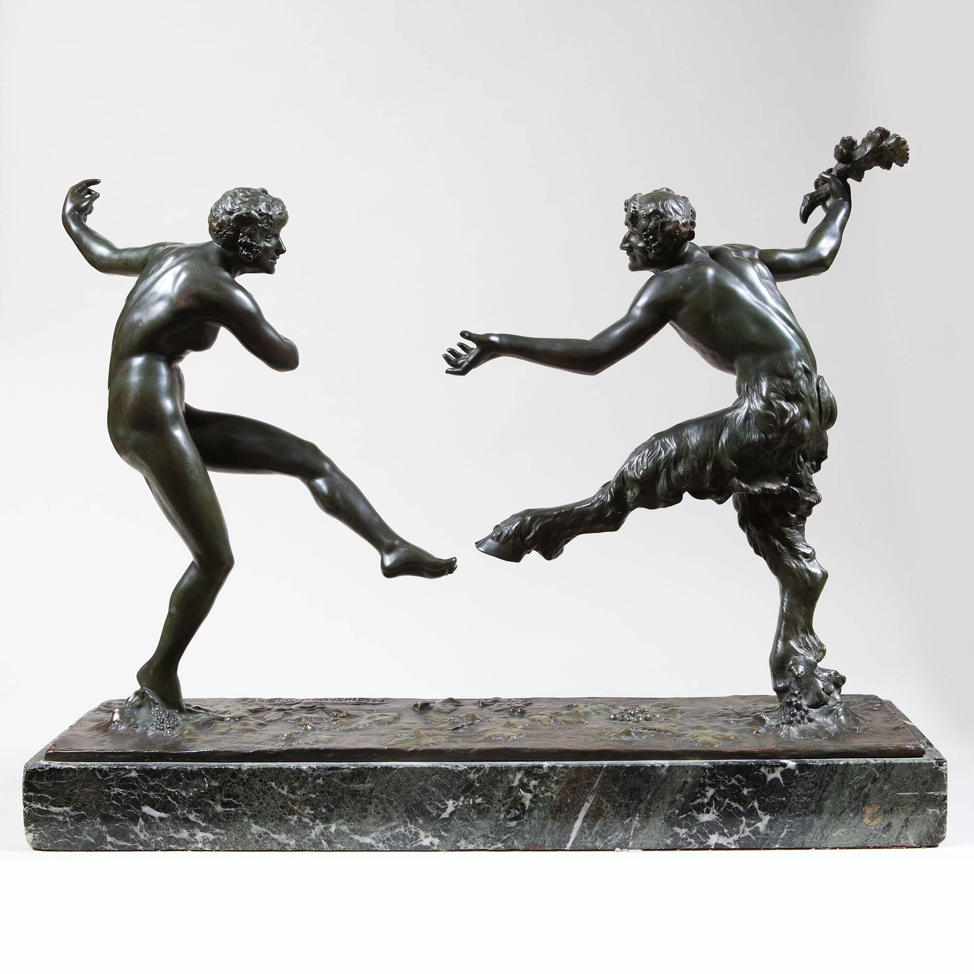 20th Century Bronze Sculpture Figural Group of a Dancing Satyr and Bacchante