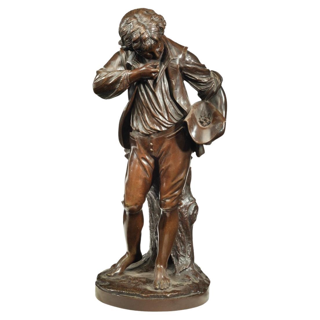 Bronze Study of a Boy Collecting Fruit in His Wide Brimmed Hat For Sale
